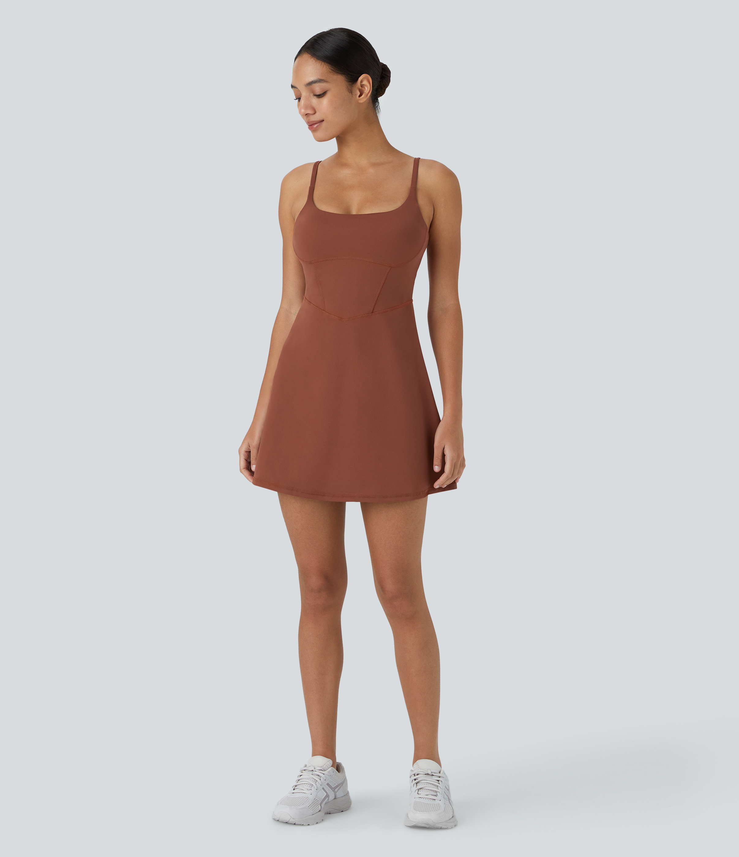 Halara Softlyzeroв„ў Plush Corset Backless 2-in-1 Pocket Flare Mini Slip Casual Dress Workout Dress - Sequoia - M 