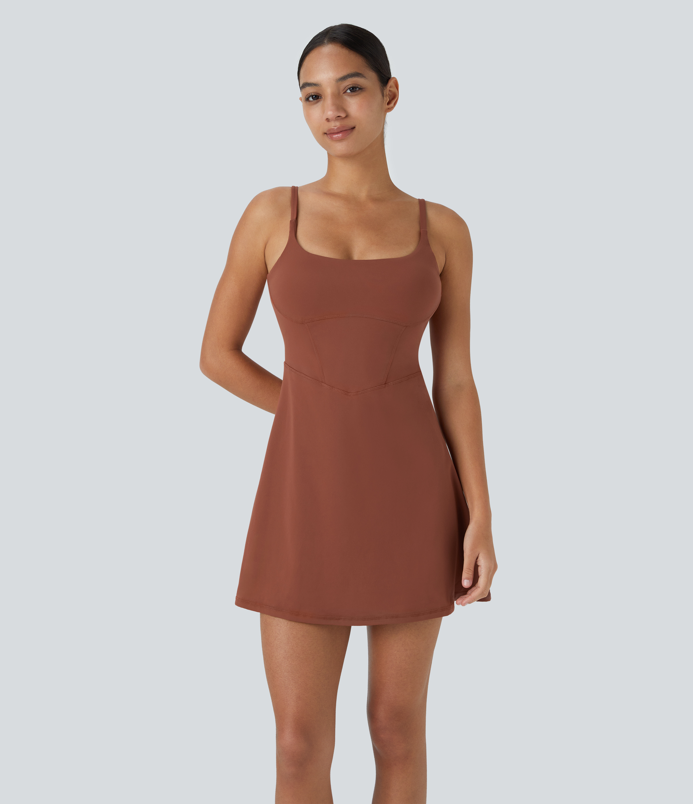 Halara Softlyzeroв„ў Plush Corset Backless 2-in-1 Pocket Flare Mini Slip Casual Dress Workout Dress - Sequoia - M 
