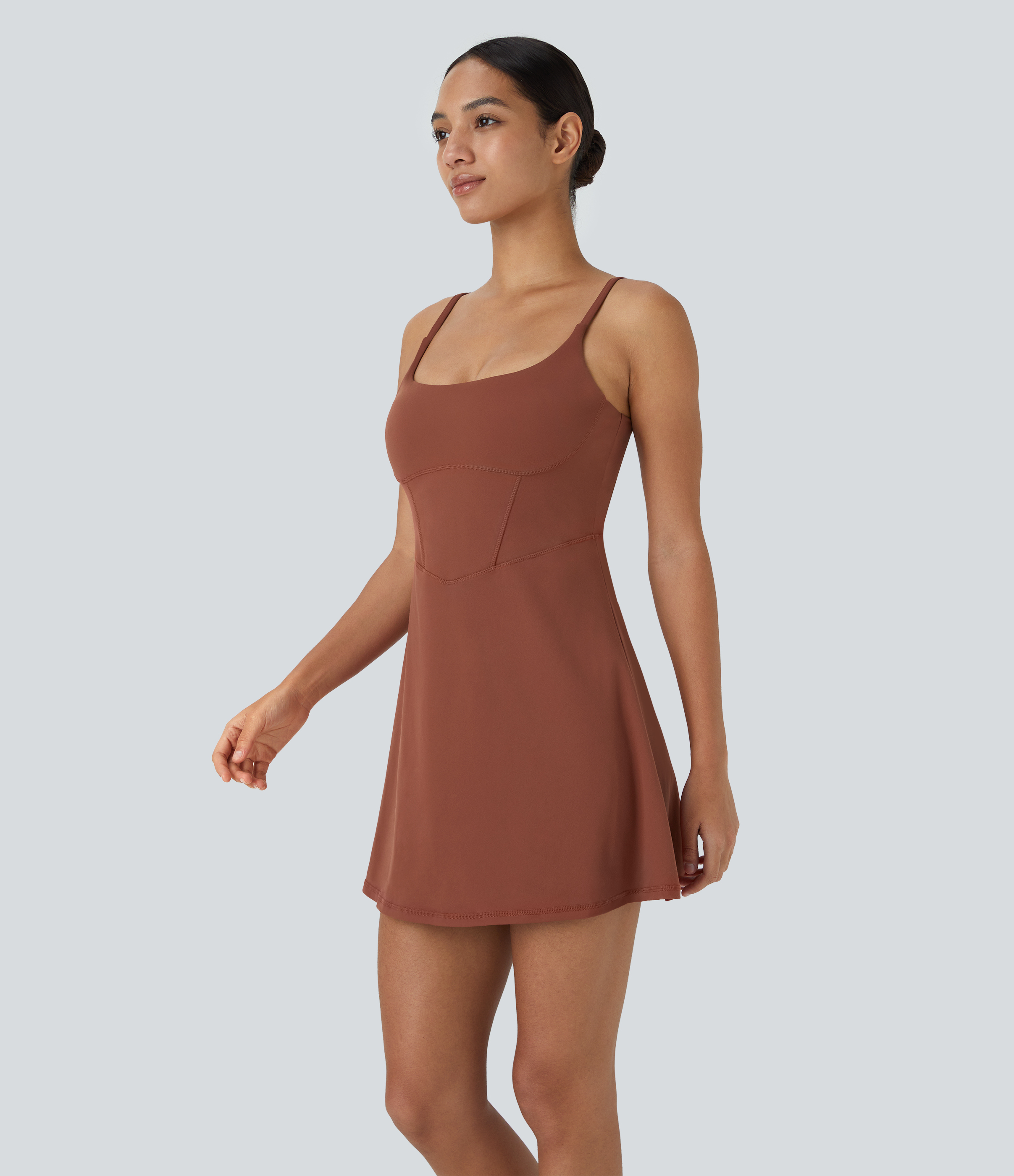 Halara Softlyzeroв„ў Plush Corset Backless 2-in-1 Pocket Flare Mini Slip Casual Dress Workout Dress - Sequoia - M 