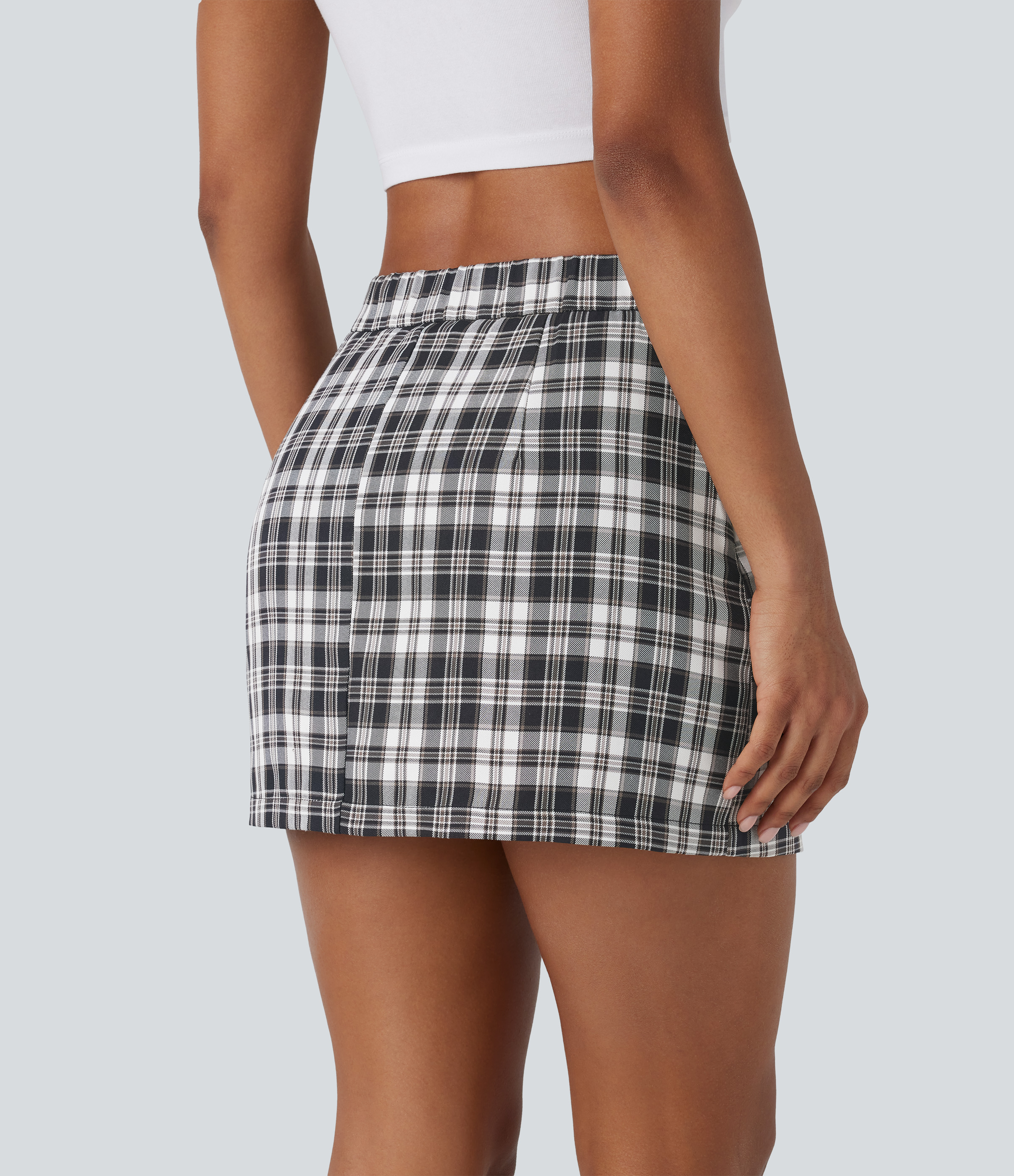 Halara High Waisted Button Front Side Pocket Zipper 2-in-1 Plaid Mini Casual Skirt  - Graphite White Plaid - L(regular) 