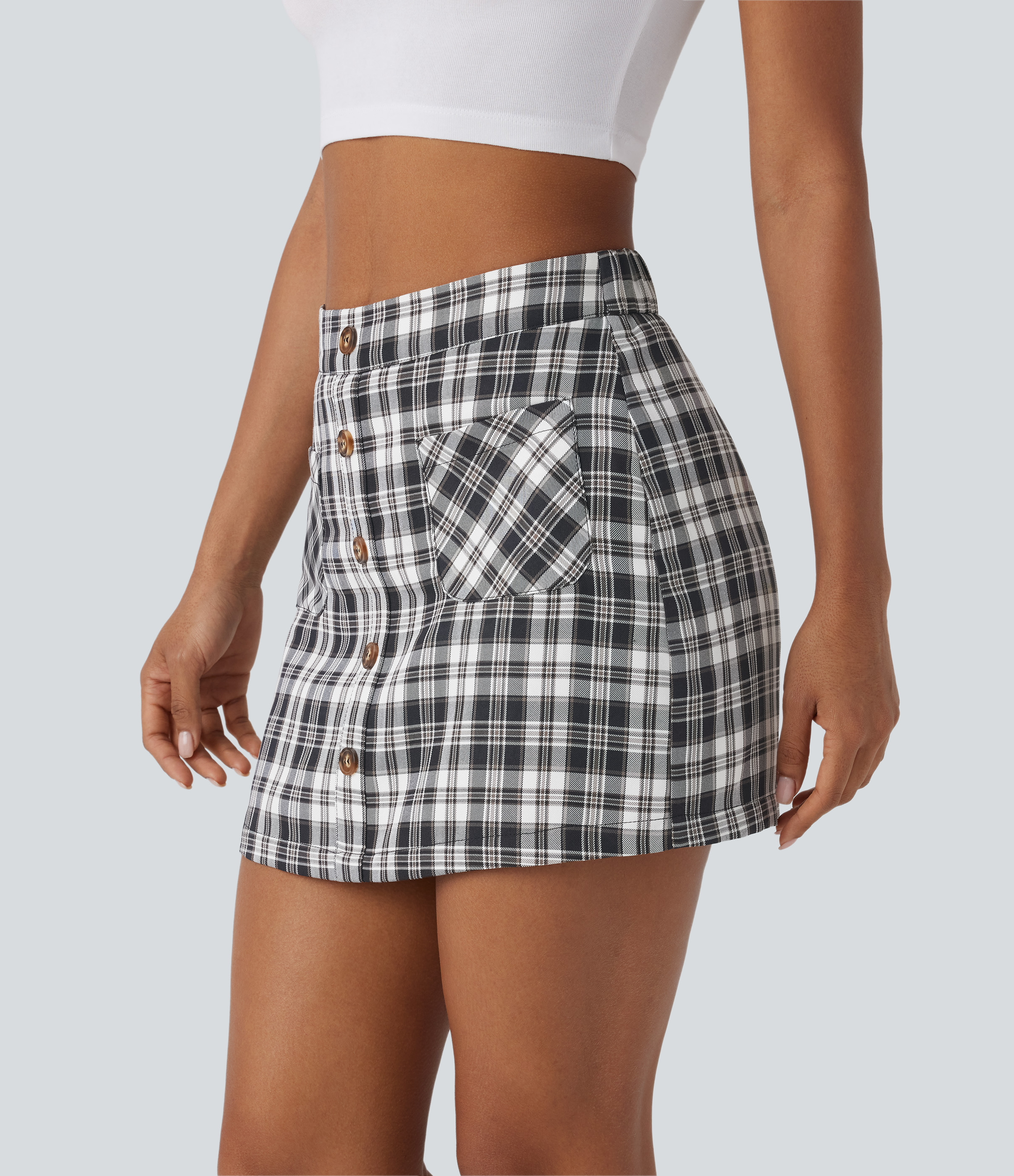 Halara High Waisted Button Front Side Pocket Zipper 2-in-1 Plaid Mini Casual Skirt  - Graphite White Plaid - L(regular) 