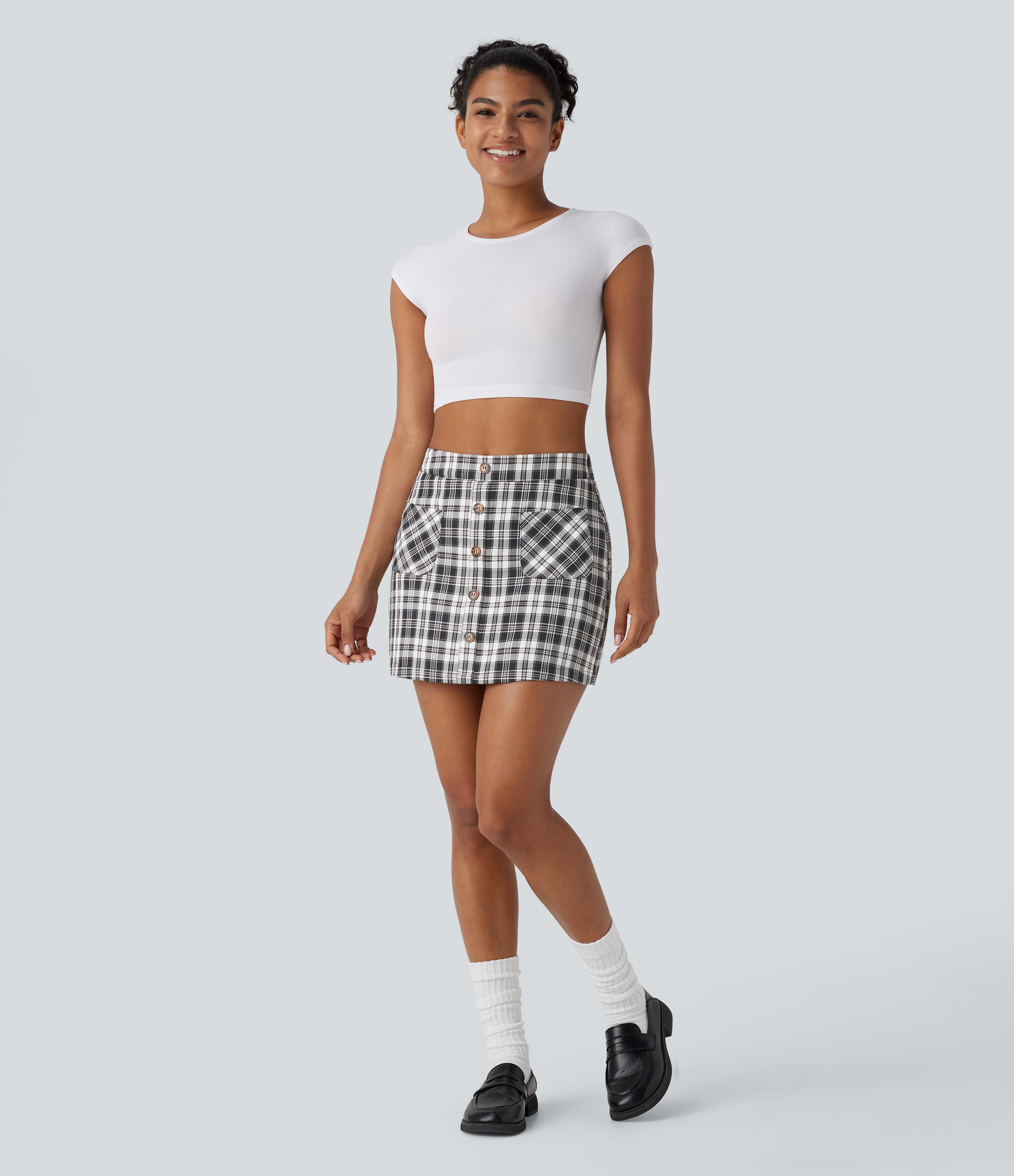 Halara High Waisted Button Front Side Pocket Zipper 2-in-1 Plaid Mini Casual Skirt  - Graphite White Plaid - L(regular) 