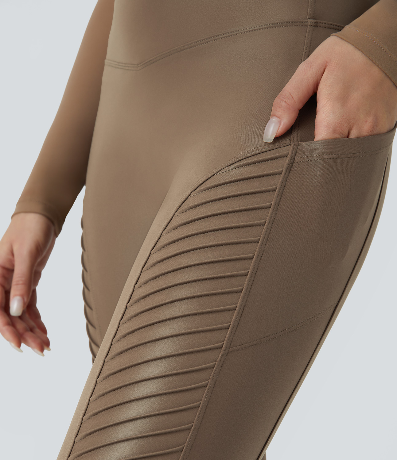 Halara Faux Leather High Waisted Side Pocket Shine Casual Moto Leggings  - Reddish Brown - L(7/8) gym leggings leggings with pockets 