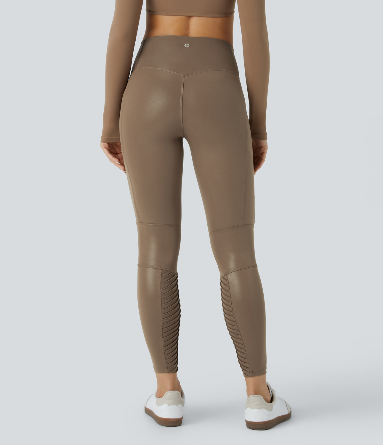 Halara Faux Leather High Waisted Side Pocket Shine Casual Moto Leggings  - Reddish Brown - L(7/8) gym leggings leggings with pockets 