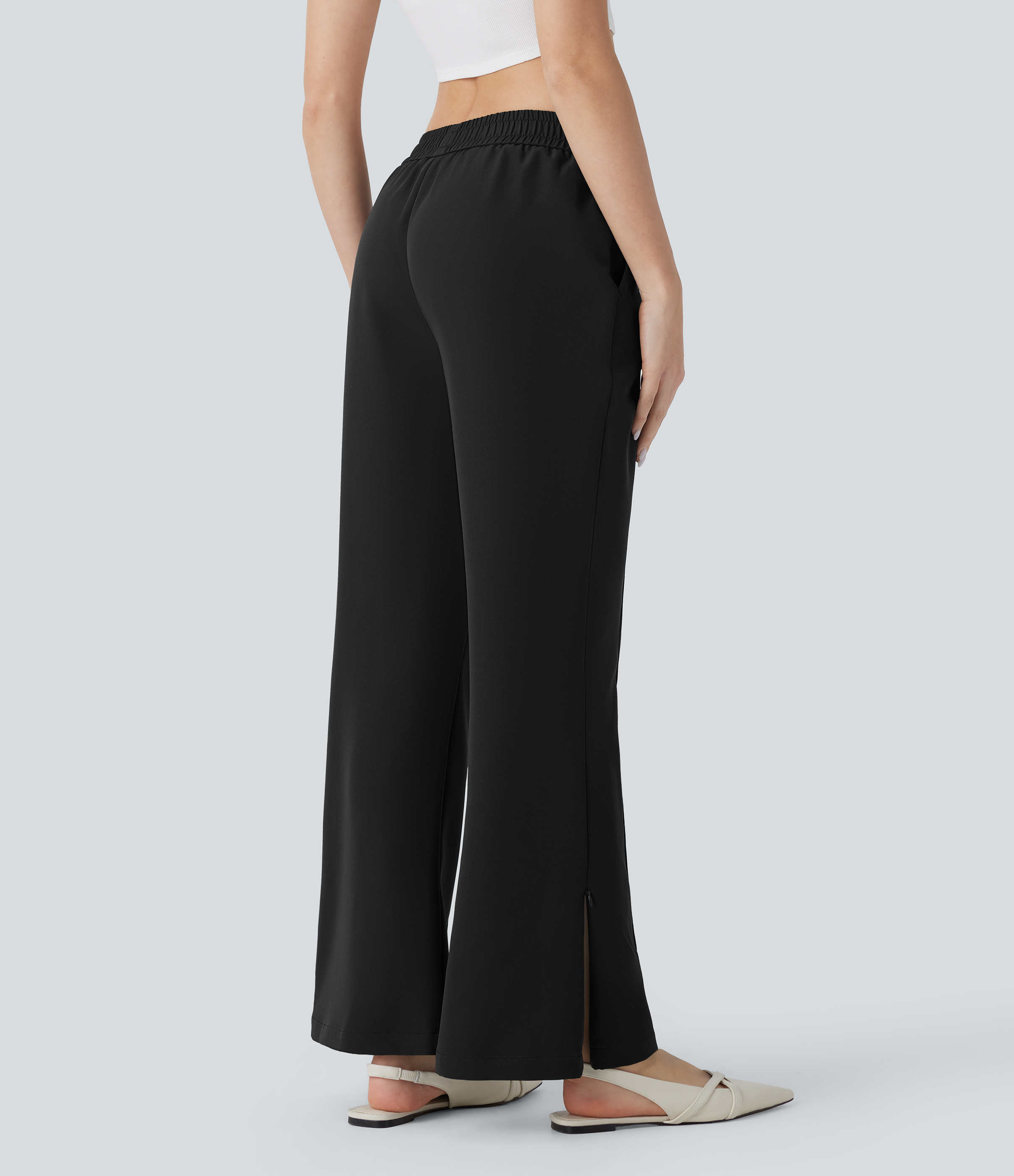 Halara Mid Rise Side Pocket Zipper Split Hem Flare Casual Pants  - Black - XL(regular) sweatpants jogger pants stacked sweatpants 