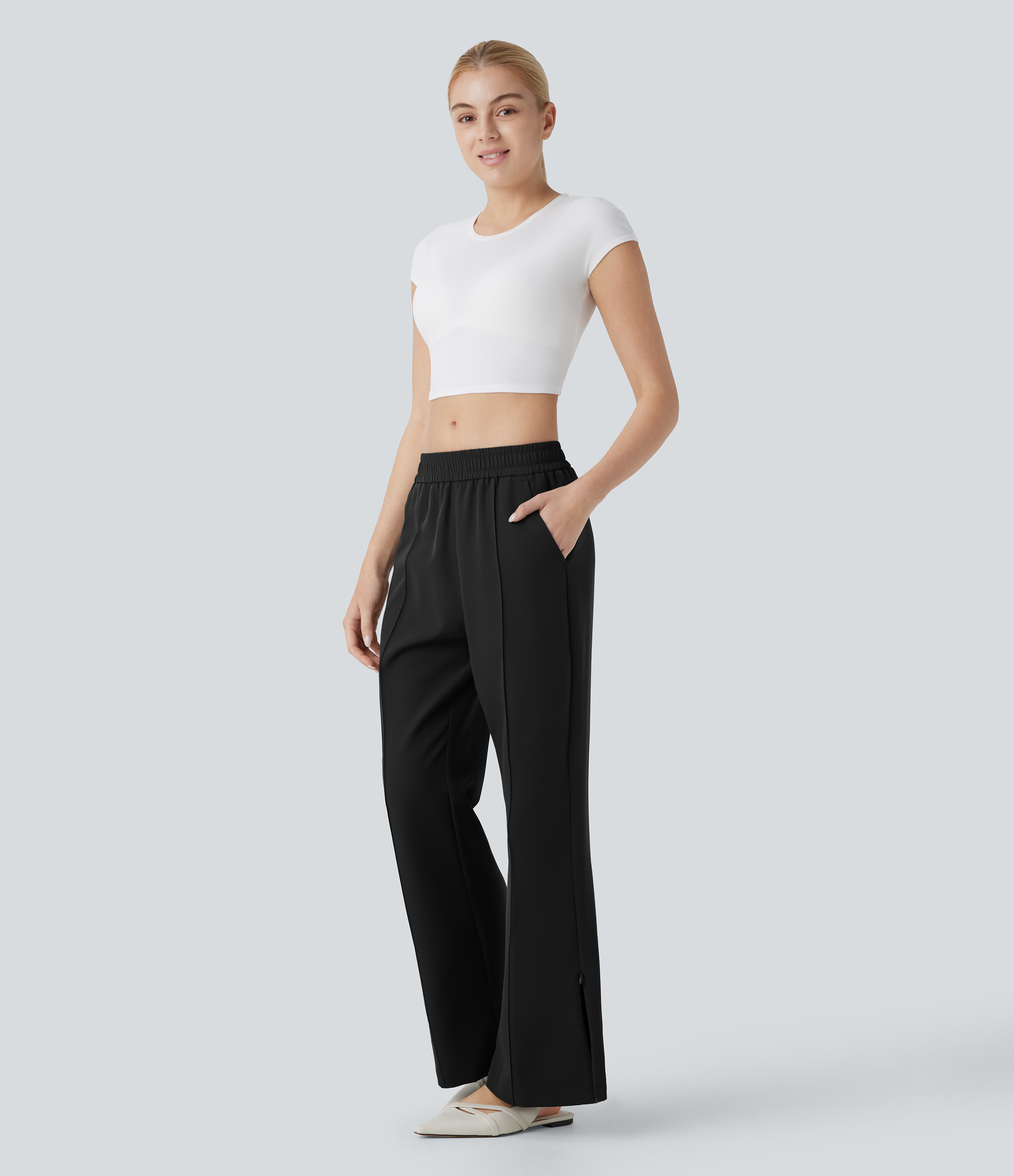 Halara Mid Rise Side Pocket Zipper Split Hem Flare Casual Pants  - Black - XL(regular) sweatpants jogger pants stacked sweatpants 
