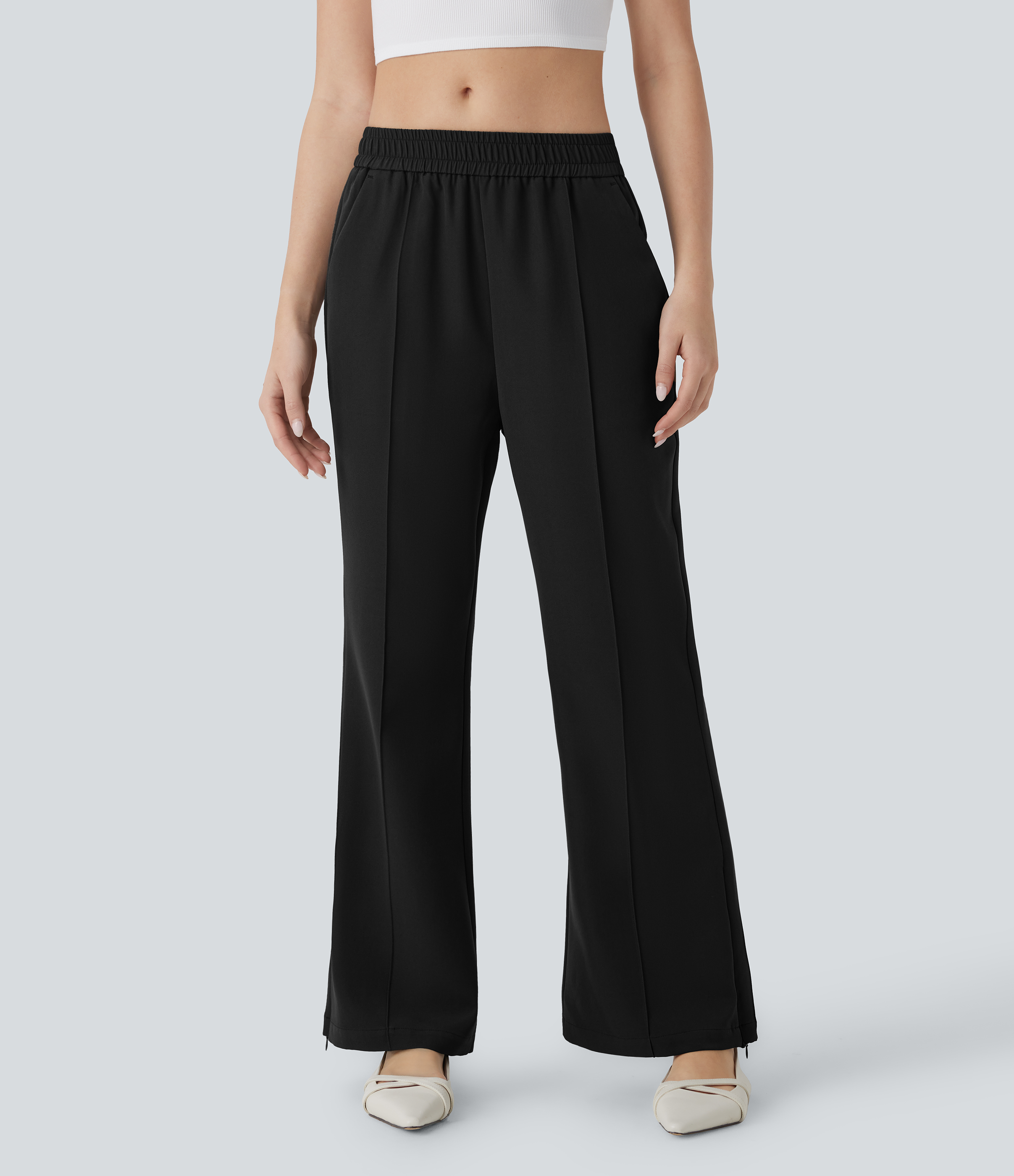 Halara Mid Rise Side Pocket Zipper Split Hem Flare Casual Pants  - Black - XL(regular) sweatpants jogger pants stacked sweatpants 
