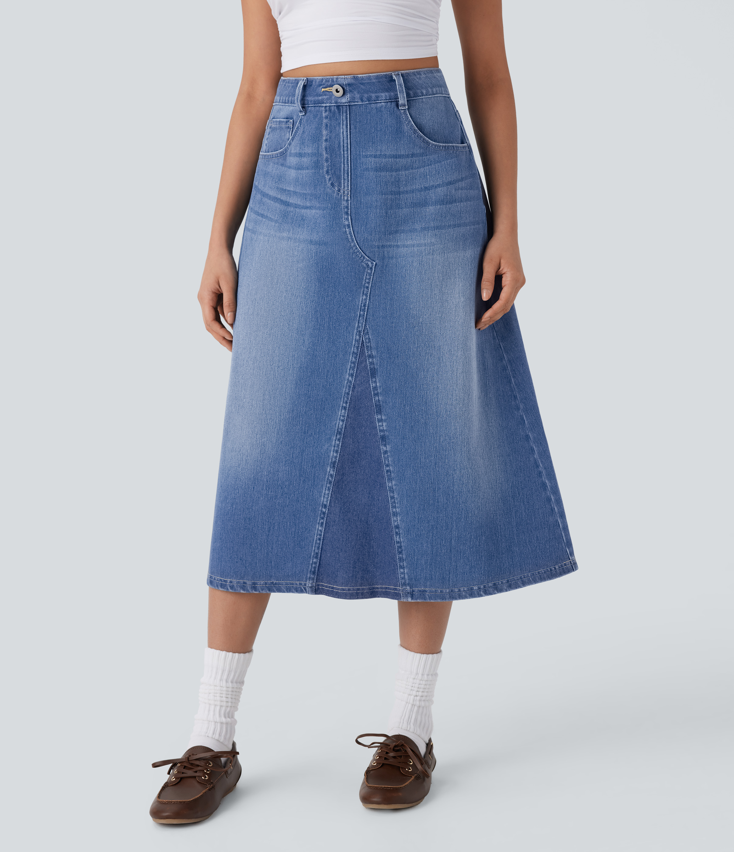 Halara Flex™ Lässiger A-Linien-Rock aus gewaschenem, dehnbarem Denim-Strick in Midilänge mit mehreren Taschen