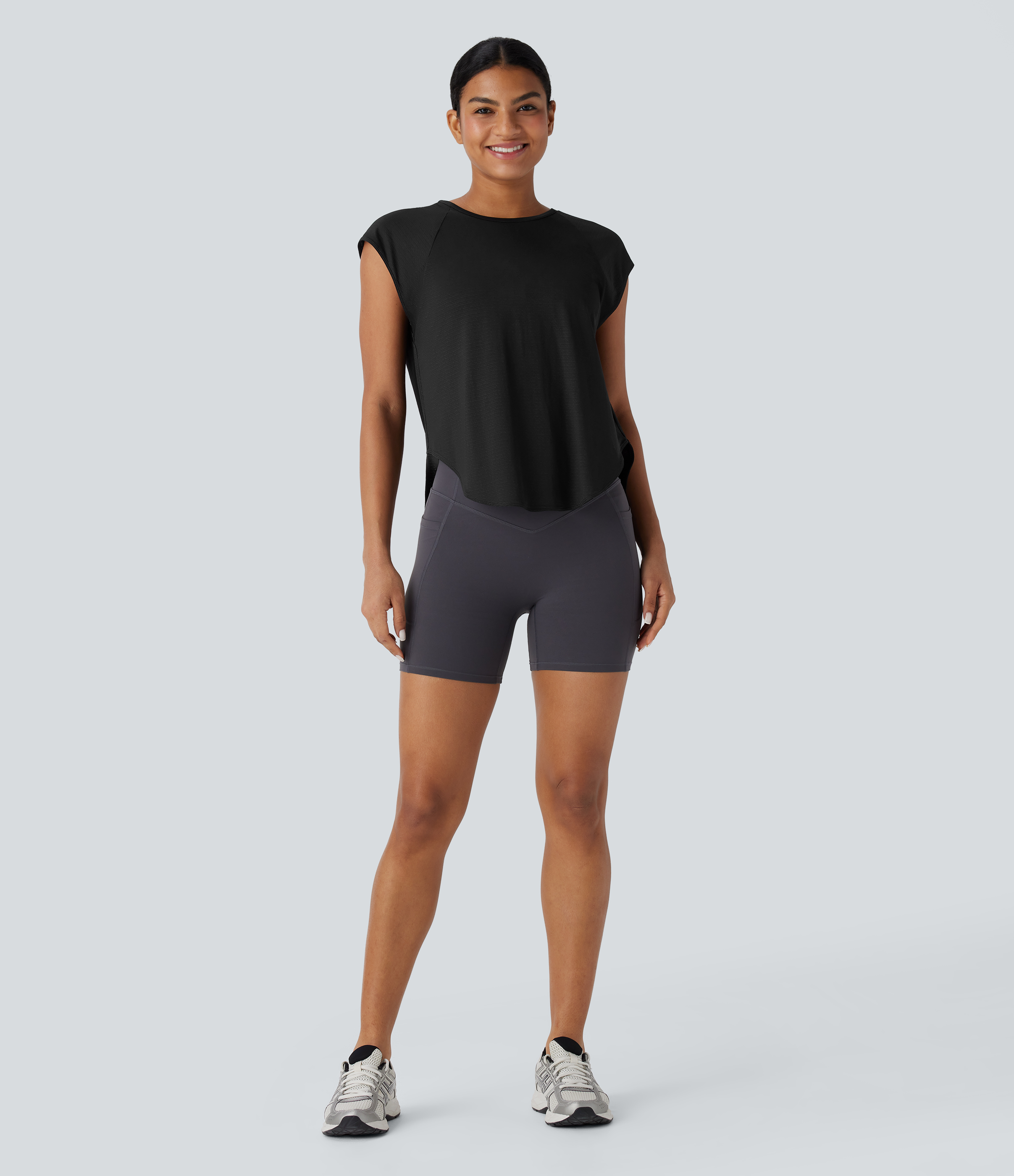 Halara Round Neck Cap Sleeve Split Tie Back Curved Hem Yoga Sports Top  - Black - XS 