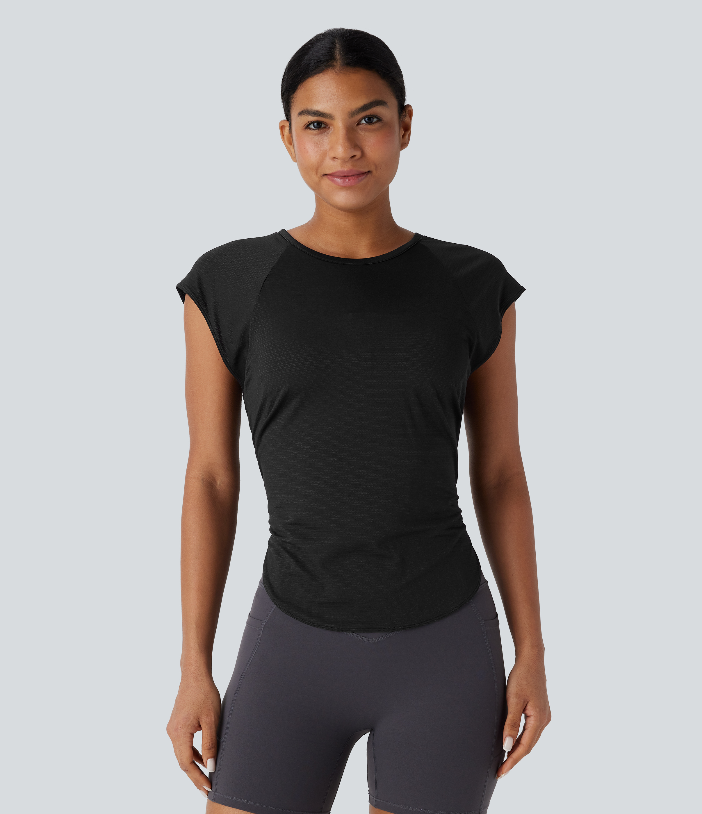 Halara Round Neck Cap Sleeve Split Tie Back Curved Hem Yoga Sports Top  - Black - XS 