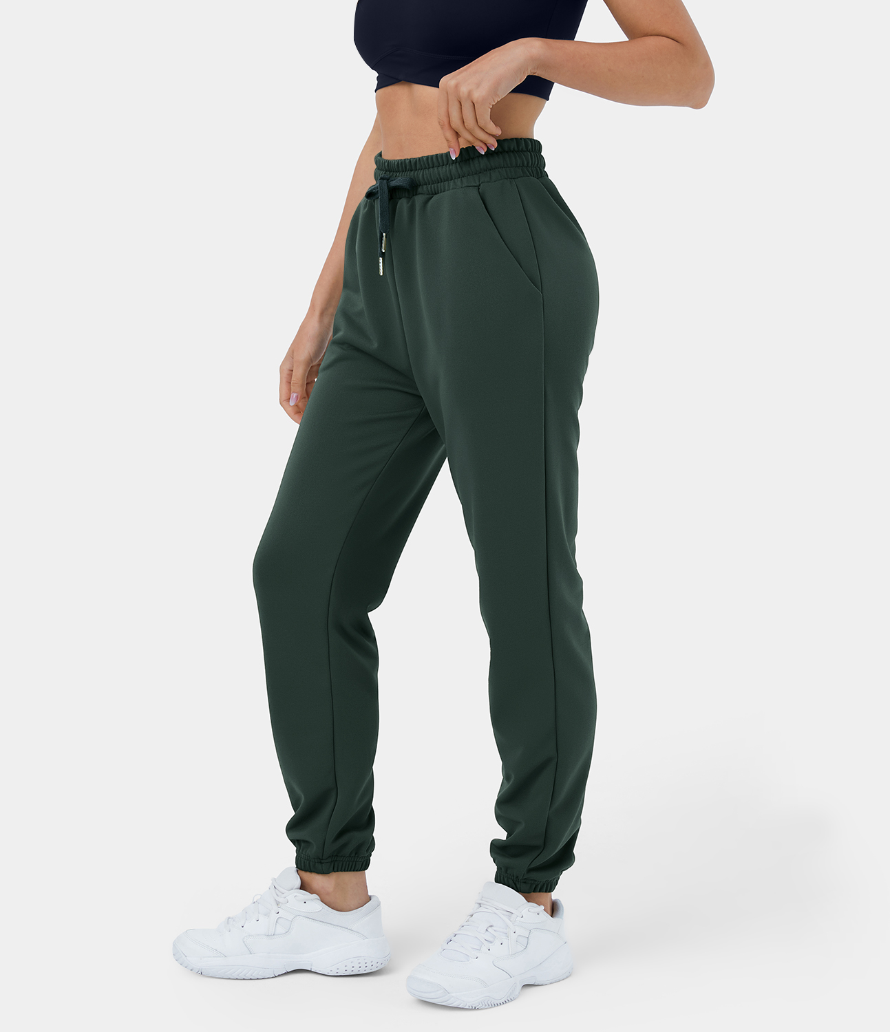 Halara High Waisted Drawstring Side Pocket Plain Casual Joggers  - Scarab - S 
