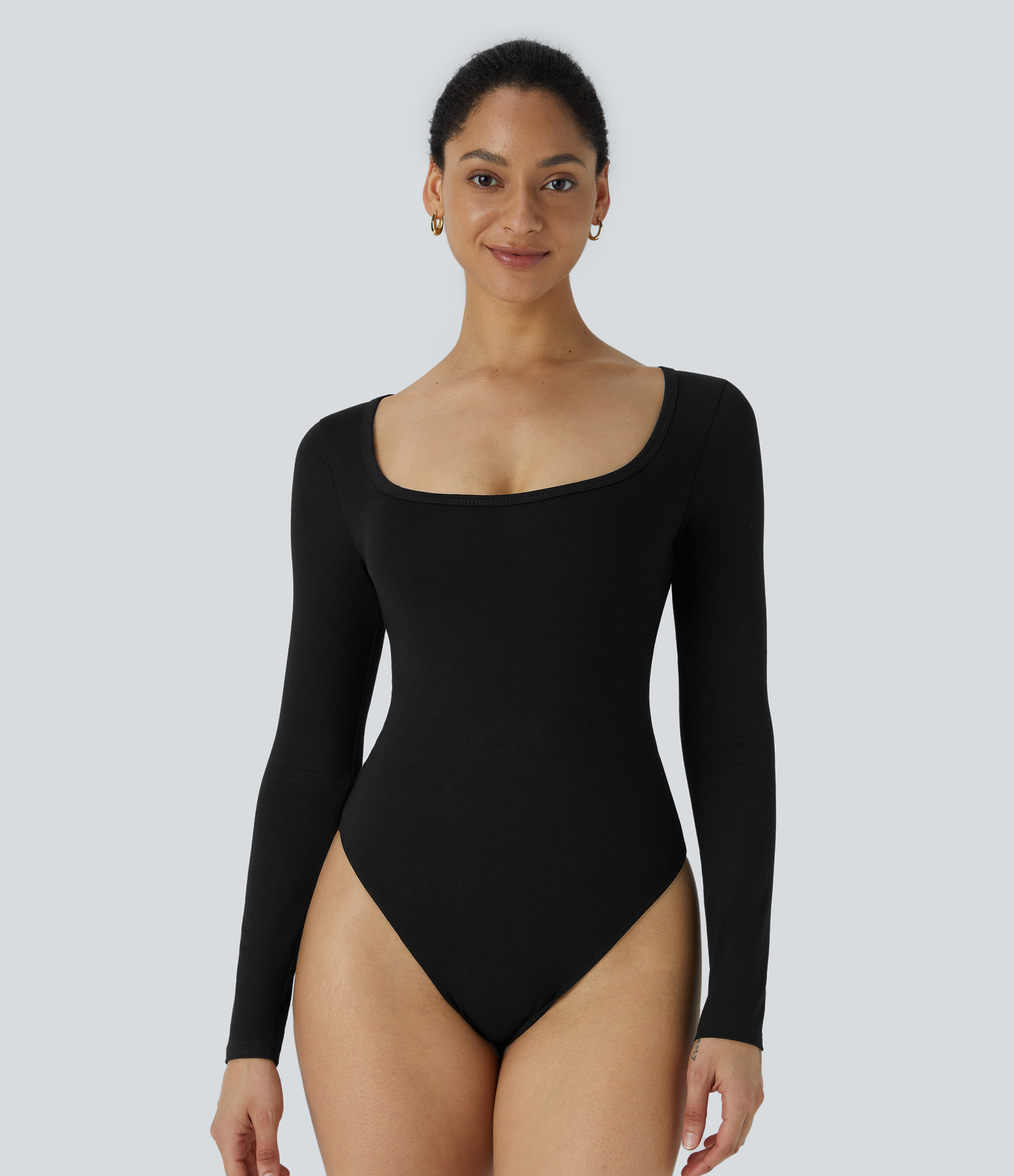 Body oficina ajustado botón presión manga larga cuello U