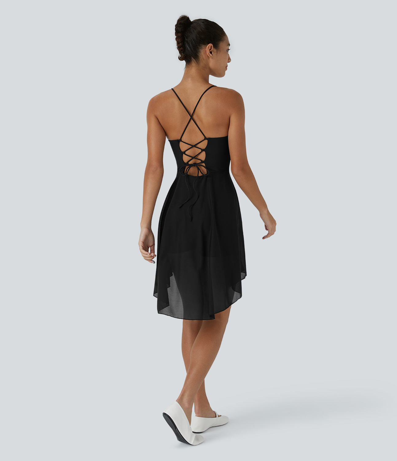 Halara Adjustable Spaghetti Strap Backless Crisscross 2-in-1 Side Pocket High Low Contrast Mesh Flowy Mini Casual Dress Workout Dress - Black - L 
