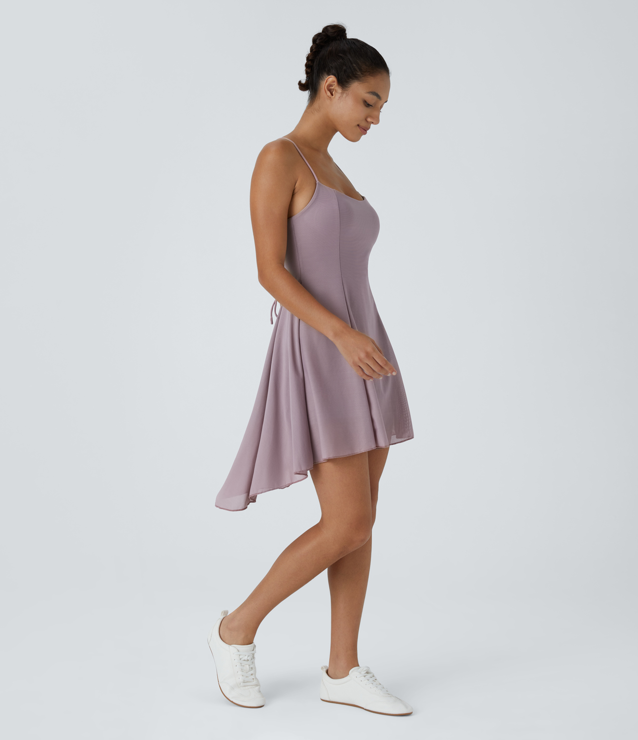 Halara Adjustable Spaghetti Strap Backless Crisscross 2-in-1 Side Pocket High Low Contrast Mesh Flowy Mini Casual Dress Workout Dress - Iris Purple - S 