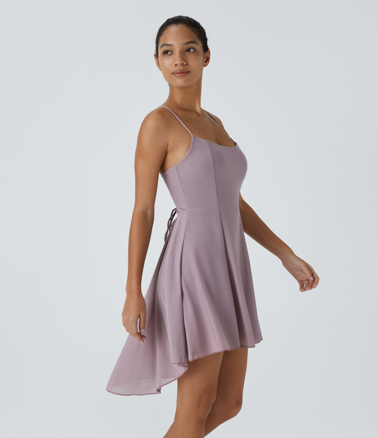 Halara Adjustable Spaghetti Strap Backless Crisscross 2-in-1 Side Pocket High Low Contrast Mesh Flowy Mini Casual Dress Workout Dress - Iris Purple - S 