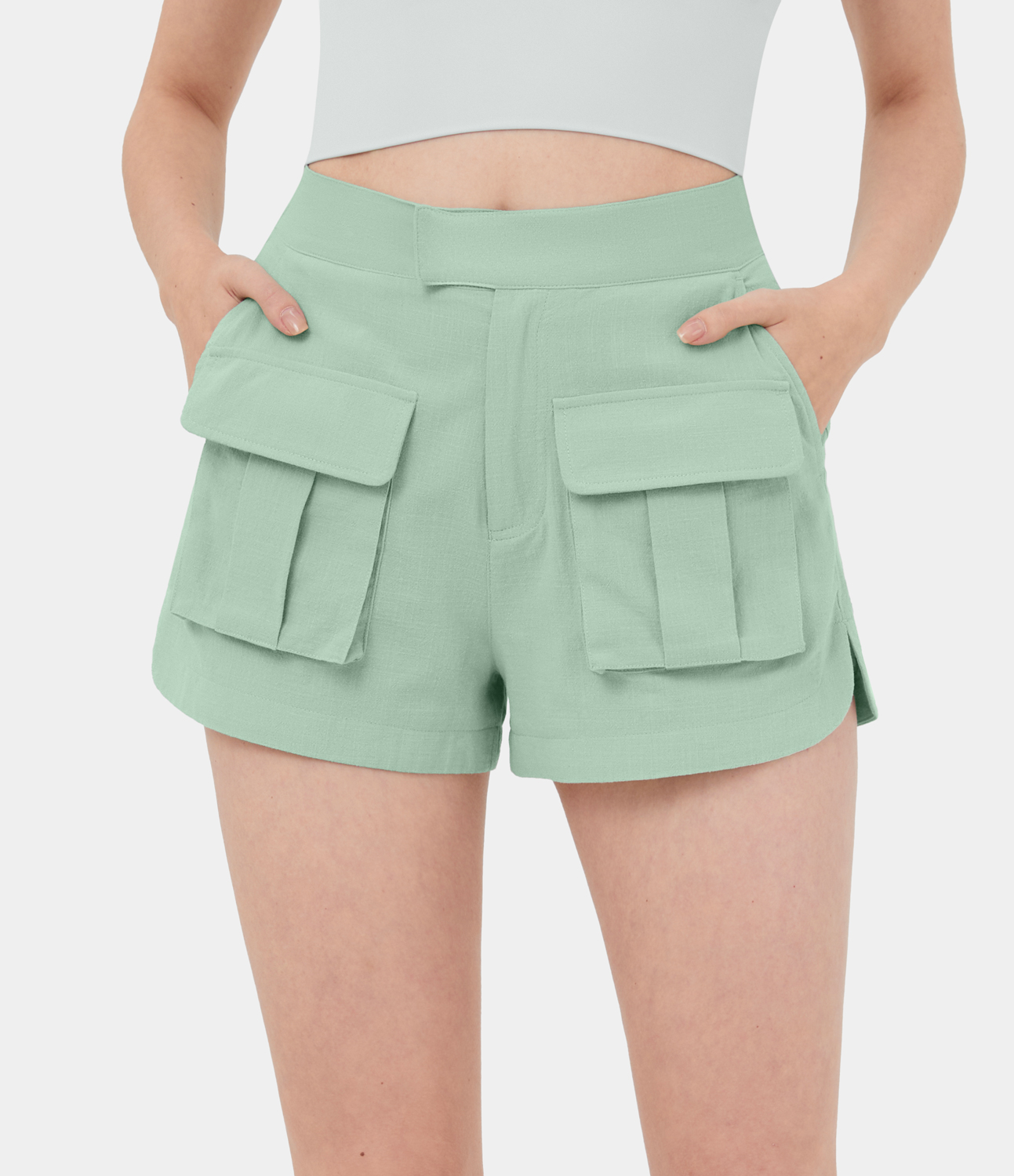 High Waisted Zipper Side Flap Pocket Curved Hem Casual Cargo Shorts 2.5