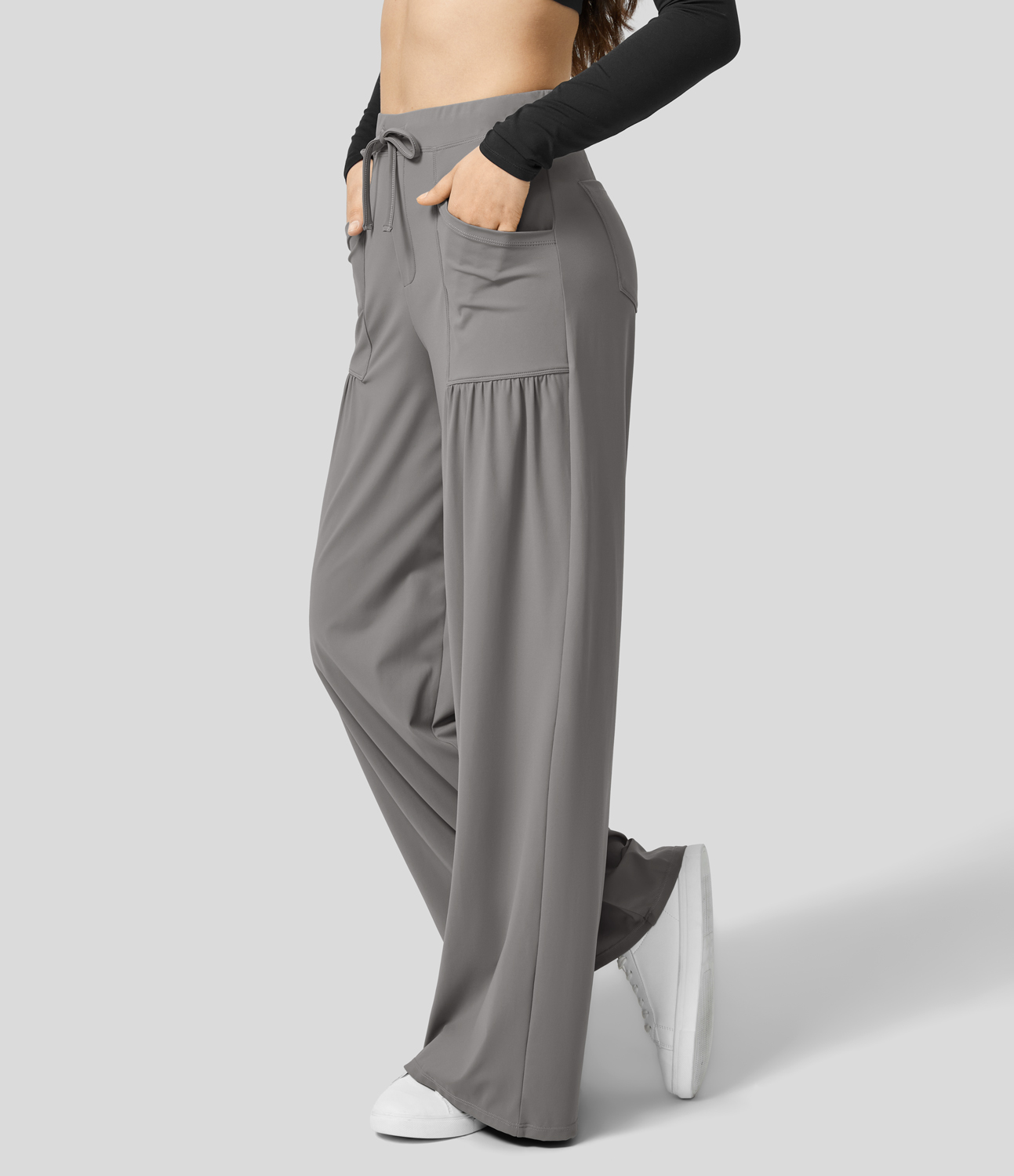 Halara High Waisted Drawstring Multiple Pockets Plicated Wide Leg Yoga Pants  - Steeple Gray - XS(regular) 