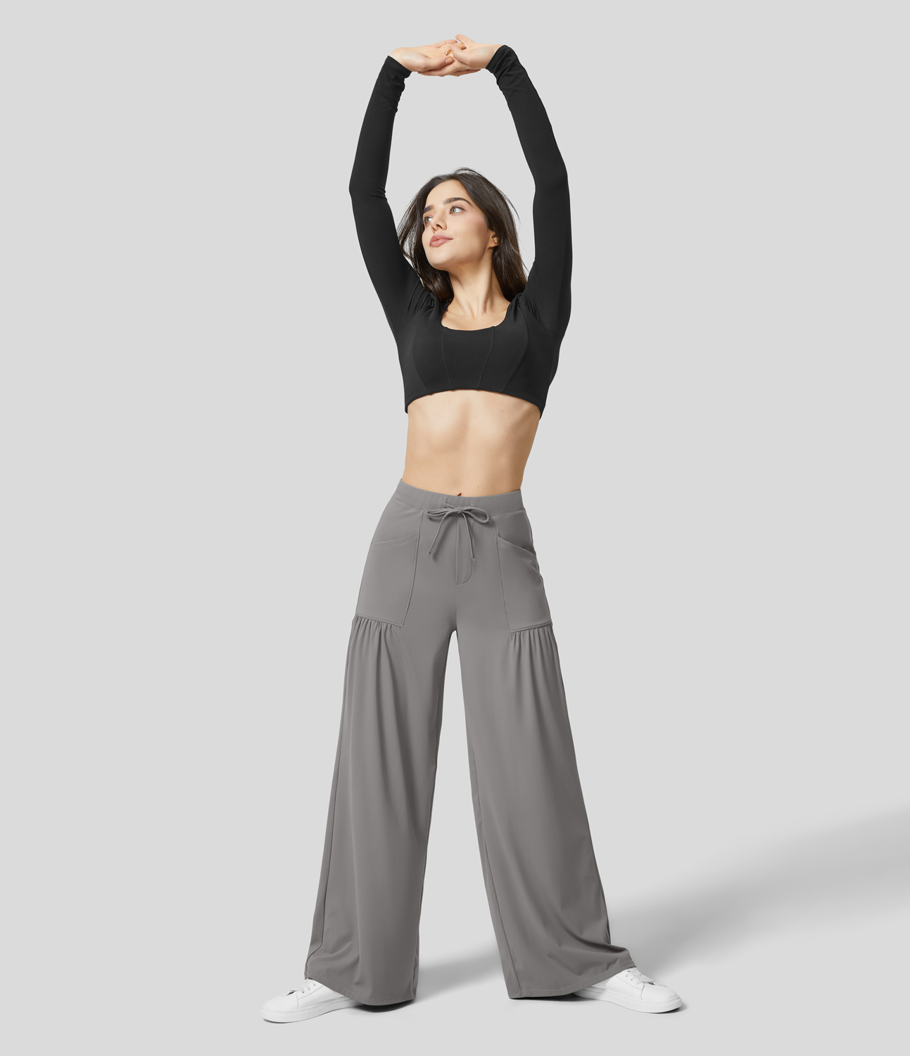 Halara High Waisted Drawstring Multiple Pockets Plicated Wide Leg Yoga Pants  - Steeple Gray - XS(regular) 