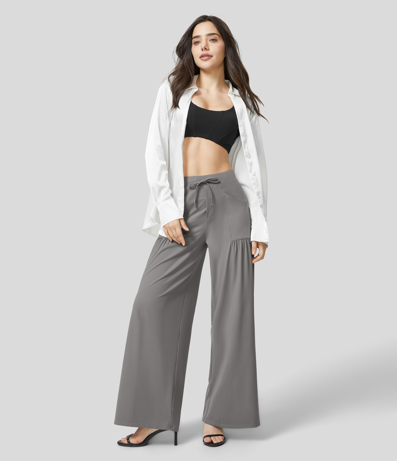 Halara High Waisted Drawstring Multiple Pockets Plicated Wide Leg Yoga Pants  - Steeple Gray - XS(regular) 