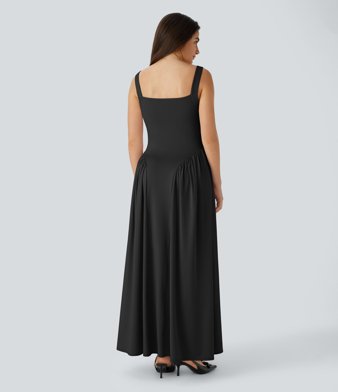 Halara Square Neck Backless Plicated Maxi Bridesmaid and Wedding Guest Dress Casual Dress - Black - M slip dress beach dress ruched dress 