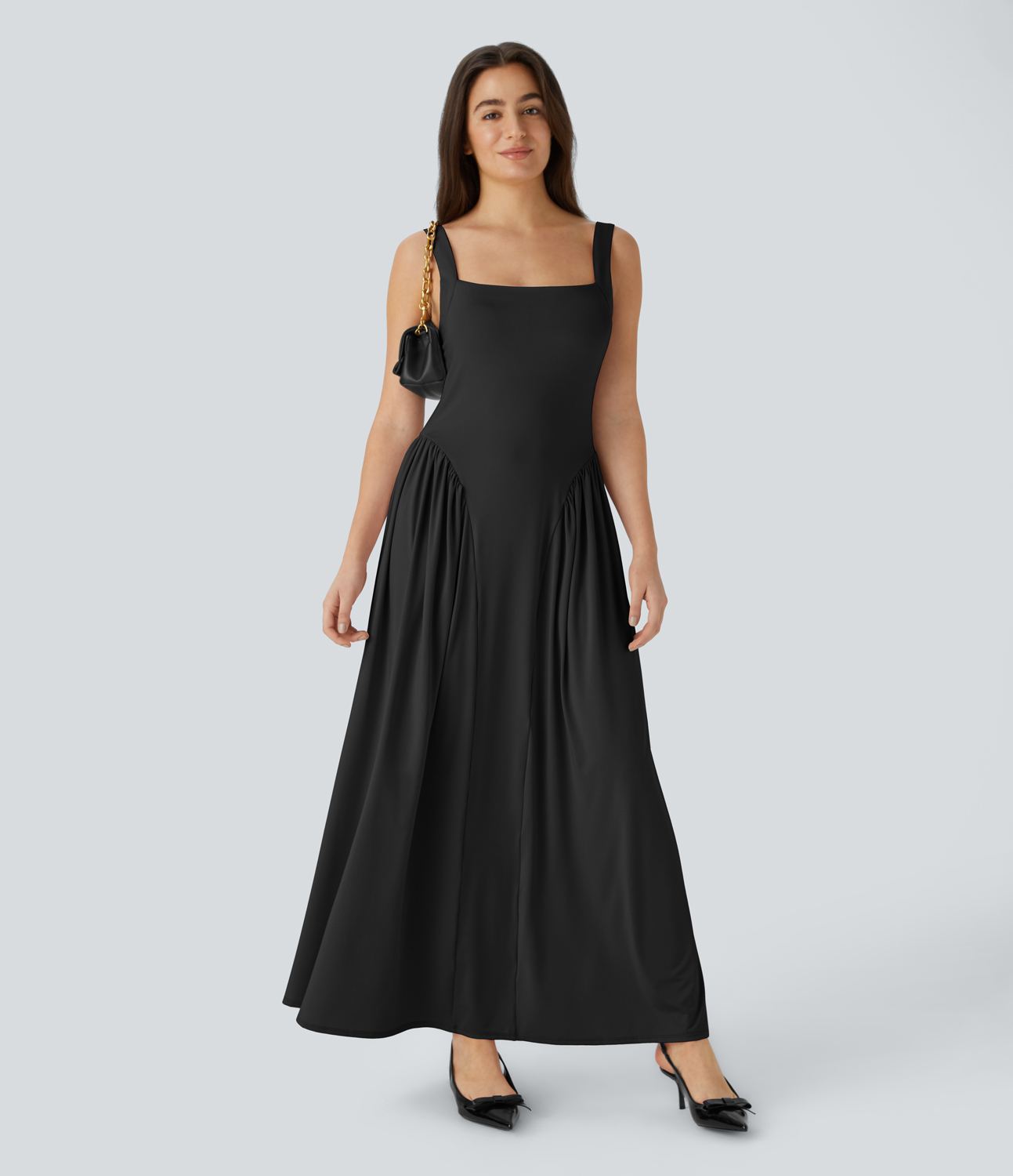 

Halara Square Neck Backless Plicated Maxi Bridesmaid and Wedding Guest Dress Casual Dress - Black -  slip dress beach dress ruched dress
