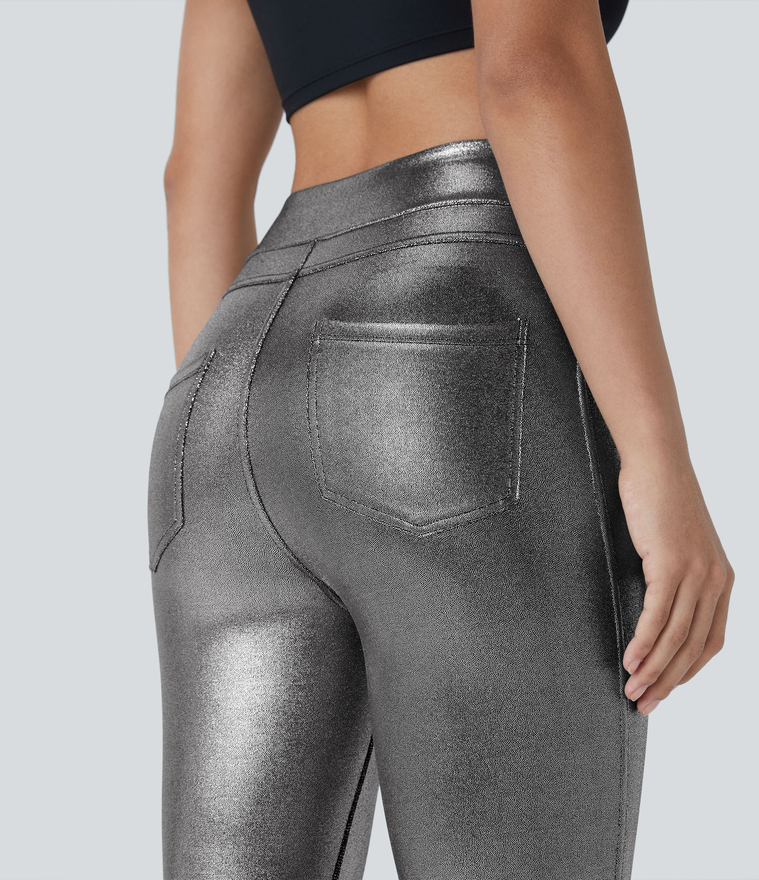 Halara Softlyzeroв„ў Faux Leather High Waisted Back Side Pocket Work Leggings  - Shiny Black Silver - XS(full_length) gym leggings 