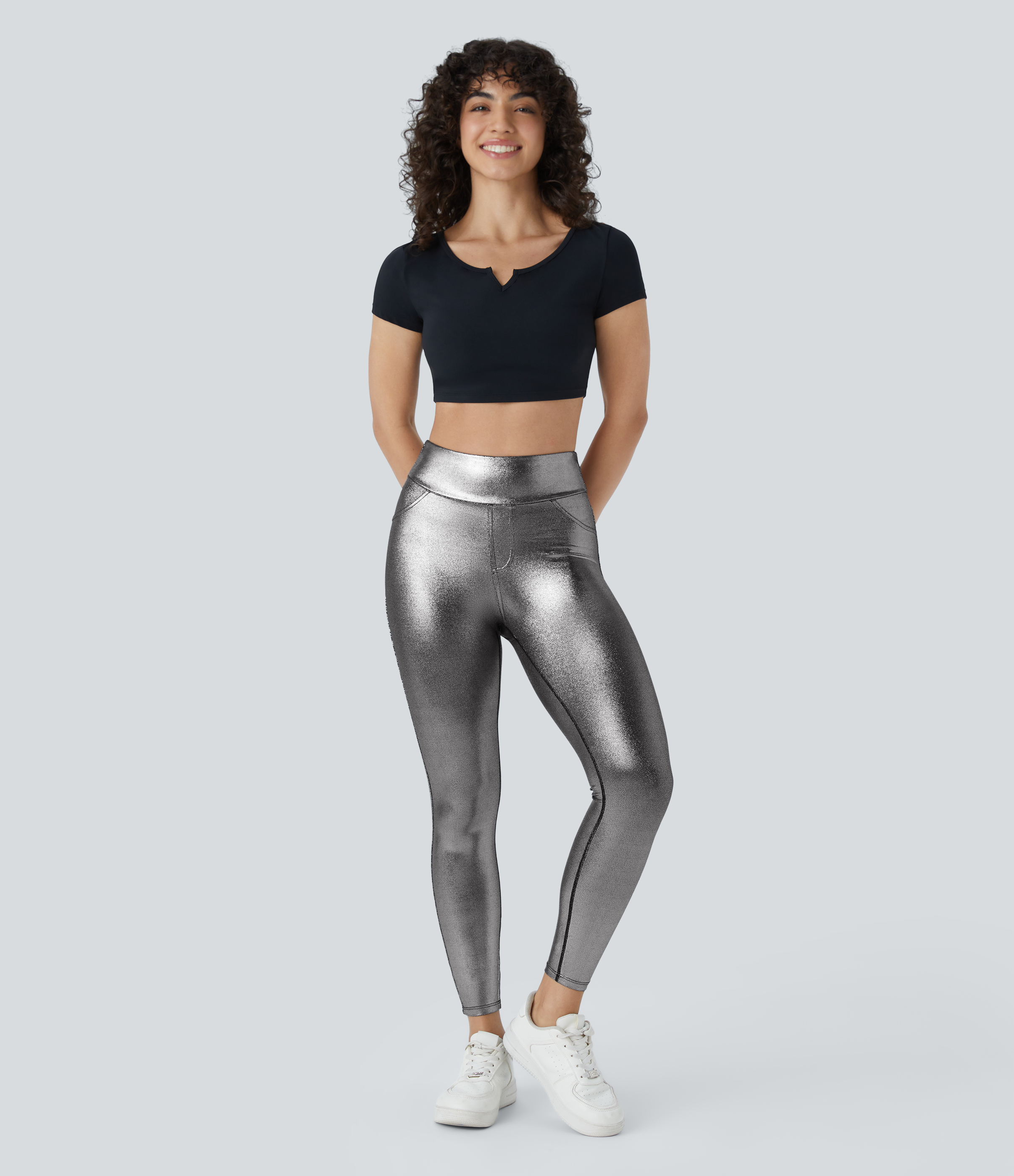 Halara Softlyzeroв„ў Faux Leather High Waisted Back Side Pocket Work Leggings  - Shiny Black Silver - XS(full_length) gym leggings 