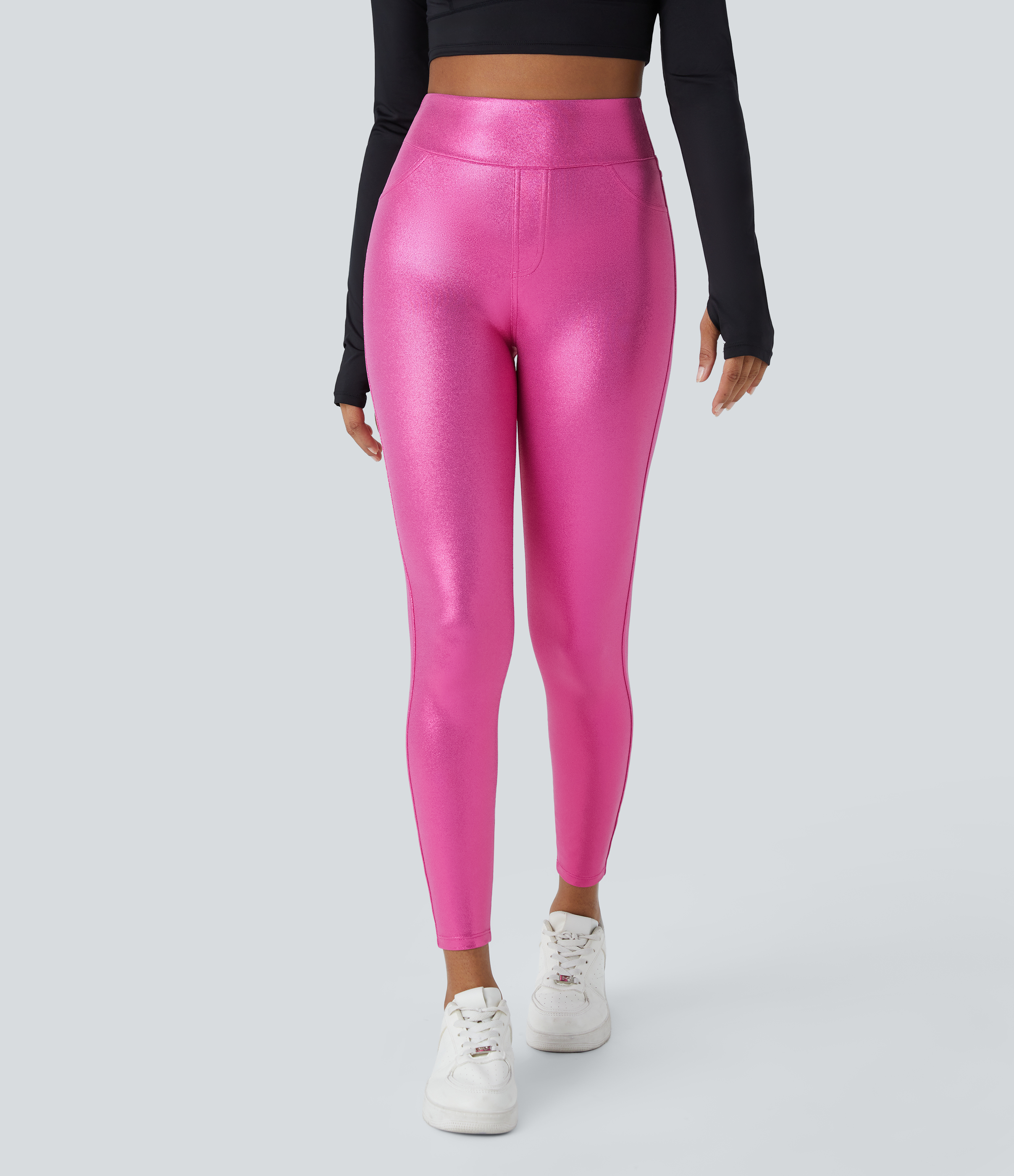 Halara Softlyzeroв„ў Faux Leather High Waisted Back Side Pocket Work Leggings  - Shiny Fuchsia Fedora - XL(full_length) gym leggings 