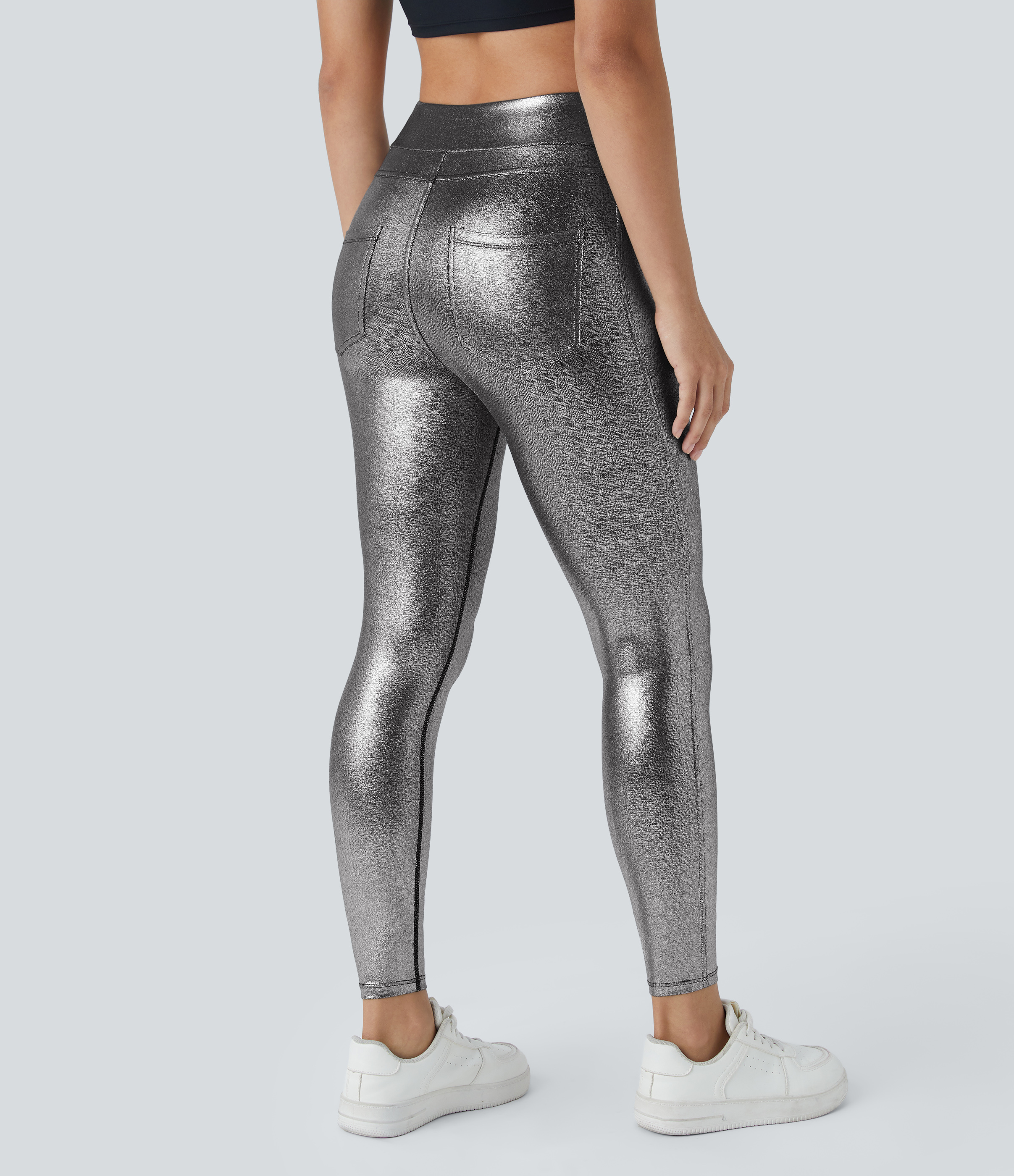 Halara Softlyzeroв„ў Faux Leather High Waisted Back Side Pocket Work Leggings  - Shiny Black Silver - XS(full_length) gym leggings 