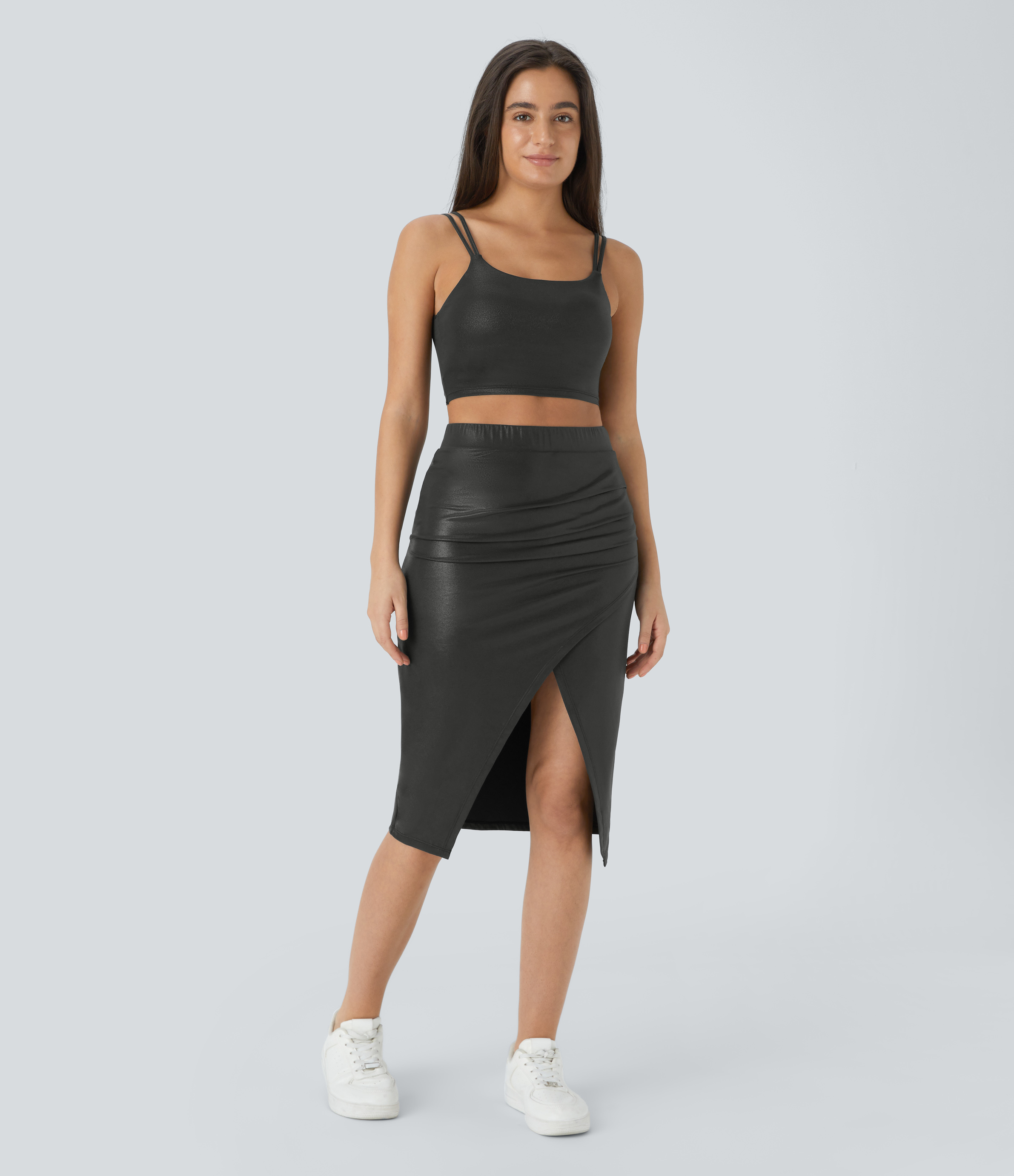 Halara Softlyzeroв„ў Faux Leather Ruched Split Hem Foil Print Stretchy Bodycon Midi Casual Skirt  - Shiny Dusk Black - XL 