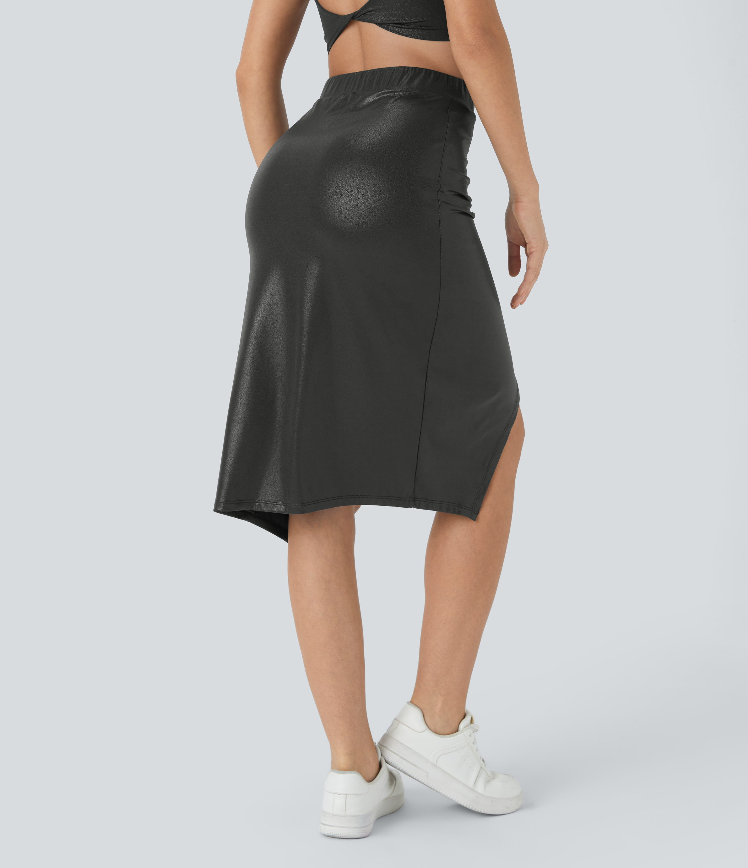 Halara Softlyzeroв„ў Faux Leather Ruched Split Hem Foil Print Stretchy Bodycon Midi Casual Skirt  - Shiny Dusk Black - XL 