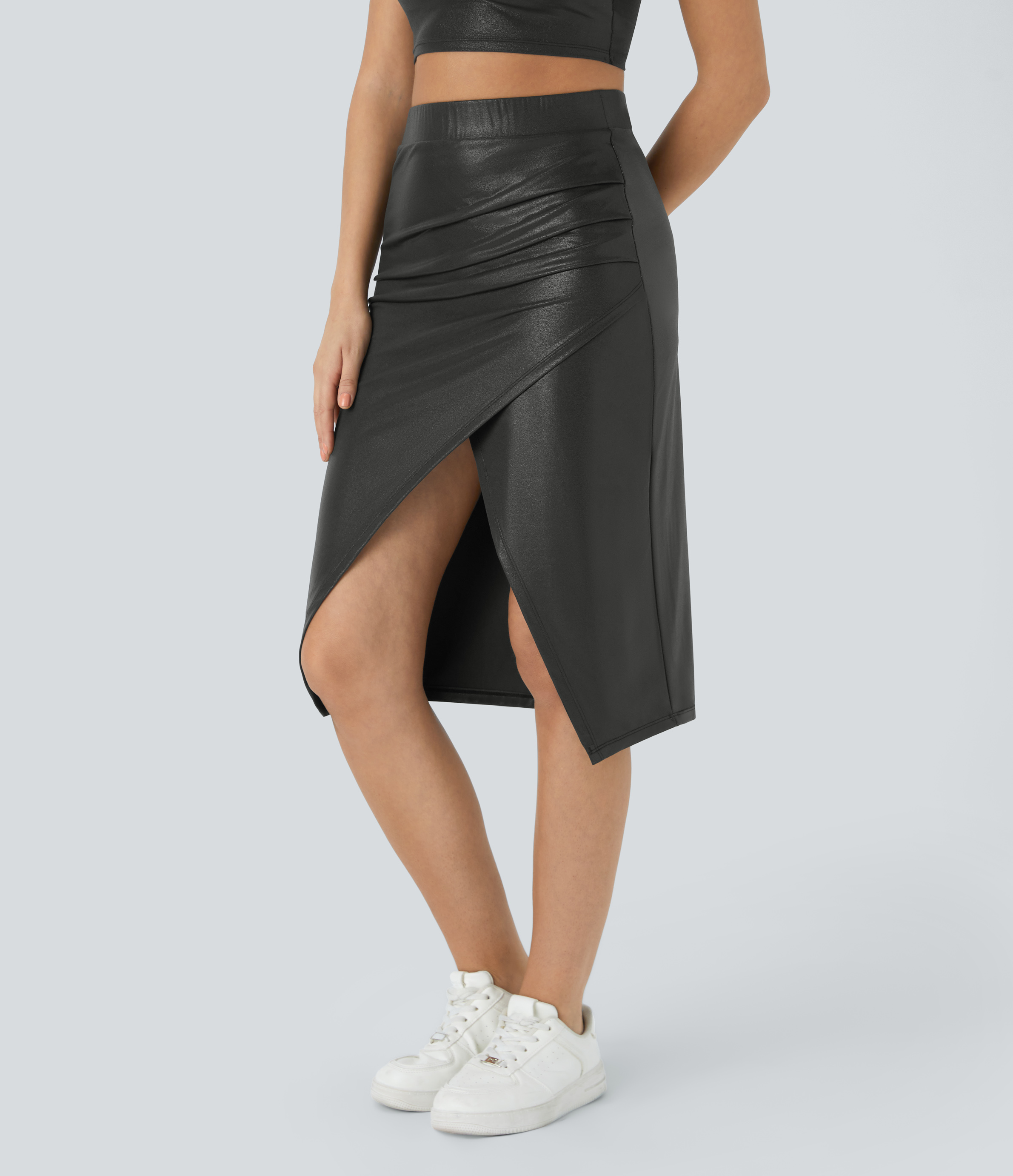 Halara Softlyzeroв„ў Faux Leather Ruched Split Hem Foil Print Stretchy Bodycon Midi Casual Skirt  - Shiny Dusk Black - XL 