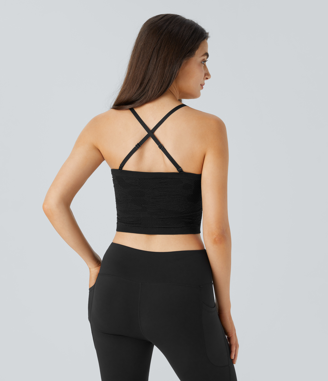 

Halara Seamless Flow Adjustable Removable Strap Jacquard Skinny Yoga Cami Top Tank Top - Black -  golf tops halter top tunic tops