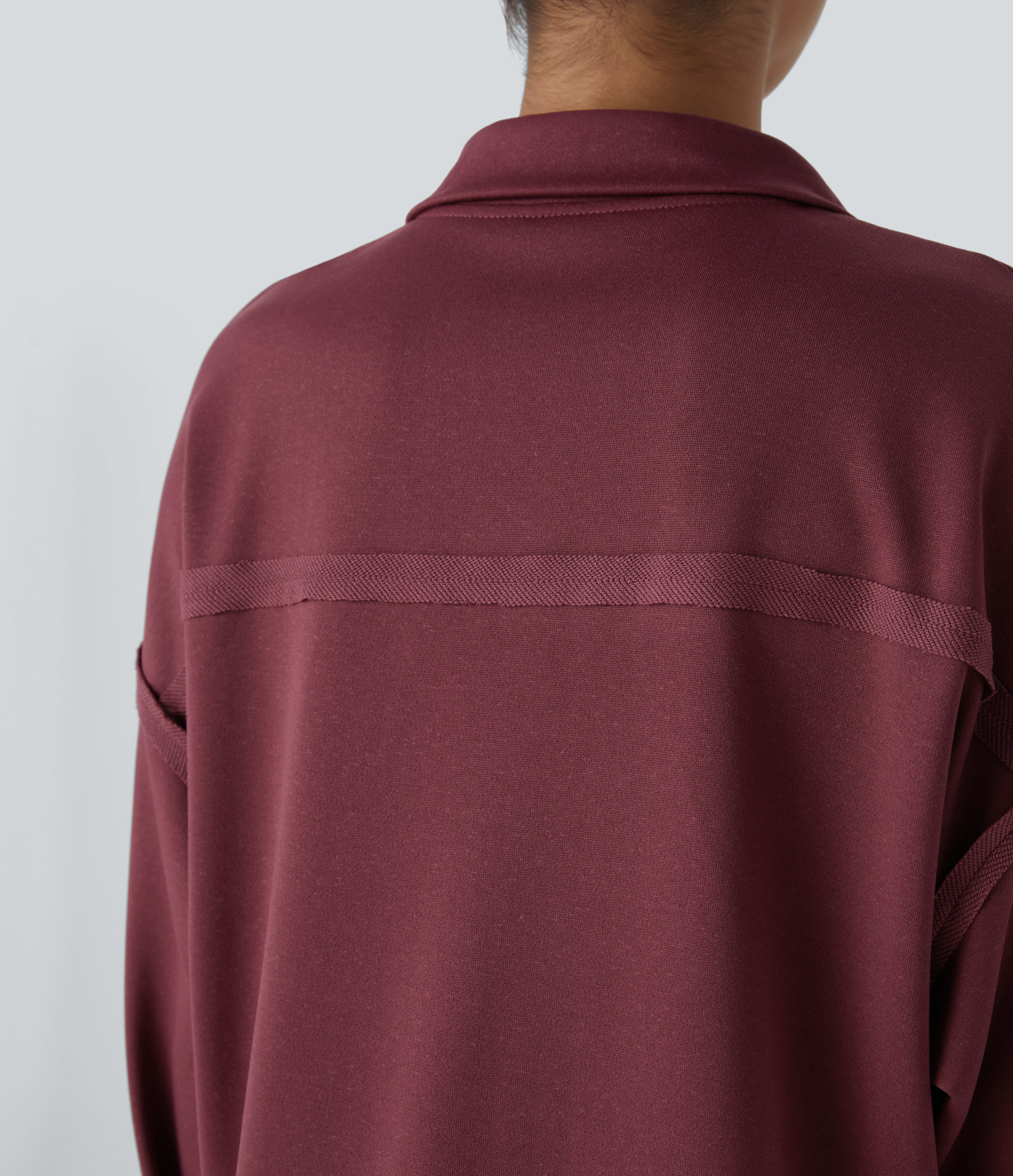 Halara Collar Snap Button Dropped Shoulder Long Sleeve Split Hem Casual Sweatshirt  - New Maroon - L 