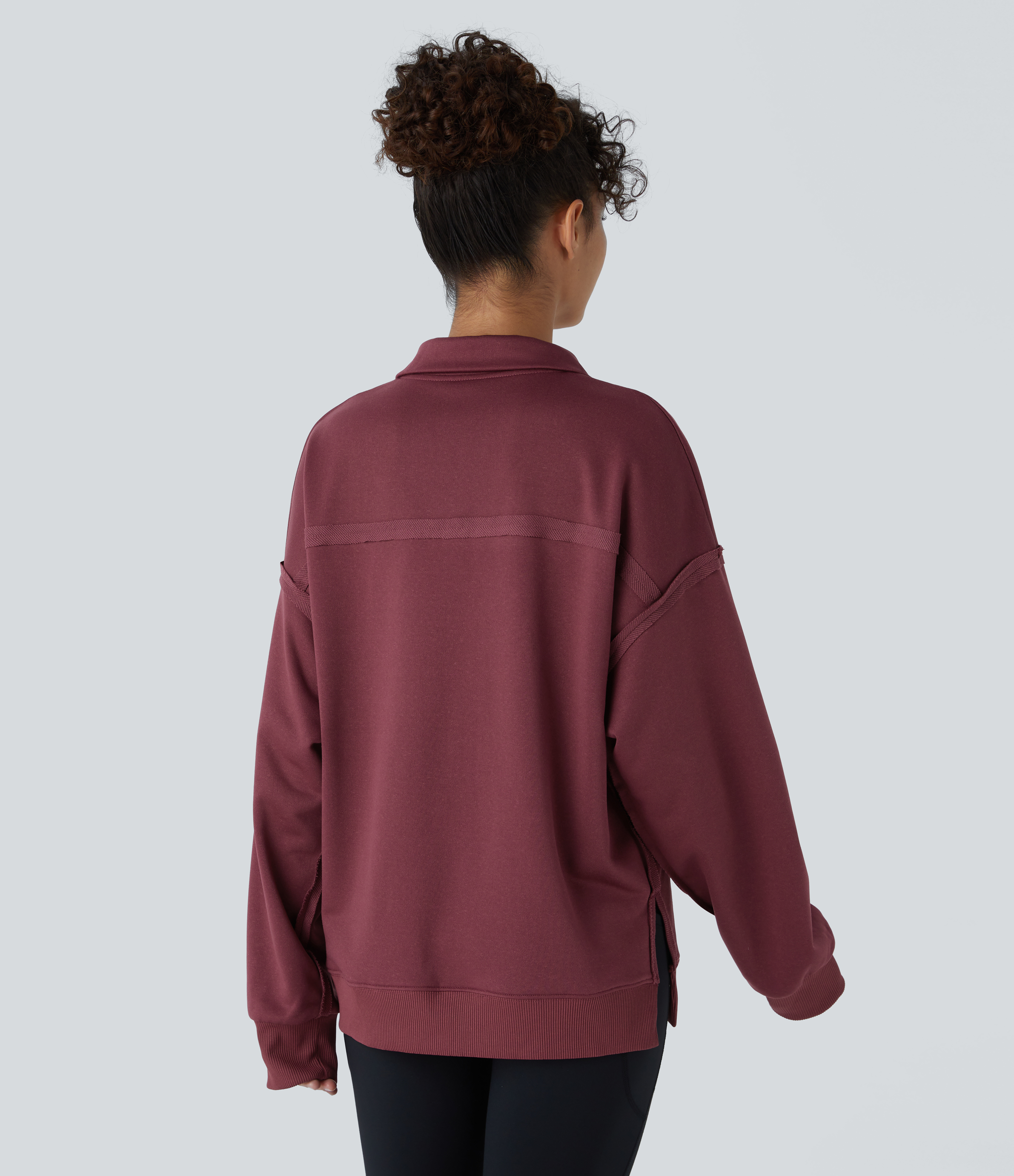 Halara Collar Snap Button Dropped Shoulder Long Sleeve Split Hem Casual Sweatshirt  - New Maroon - L 