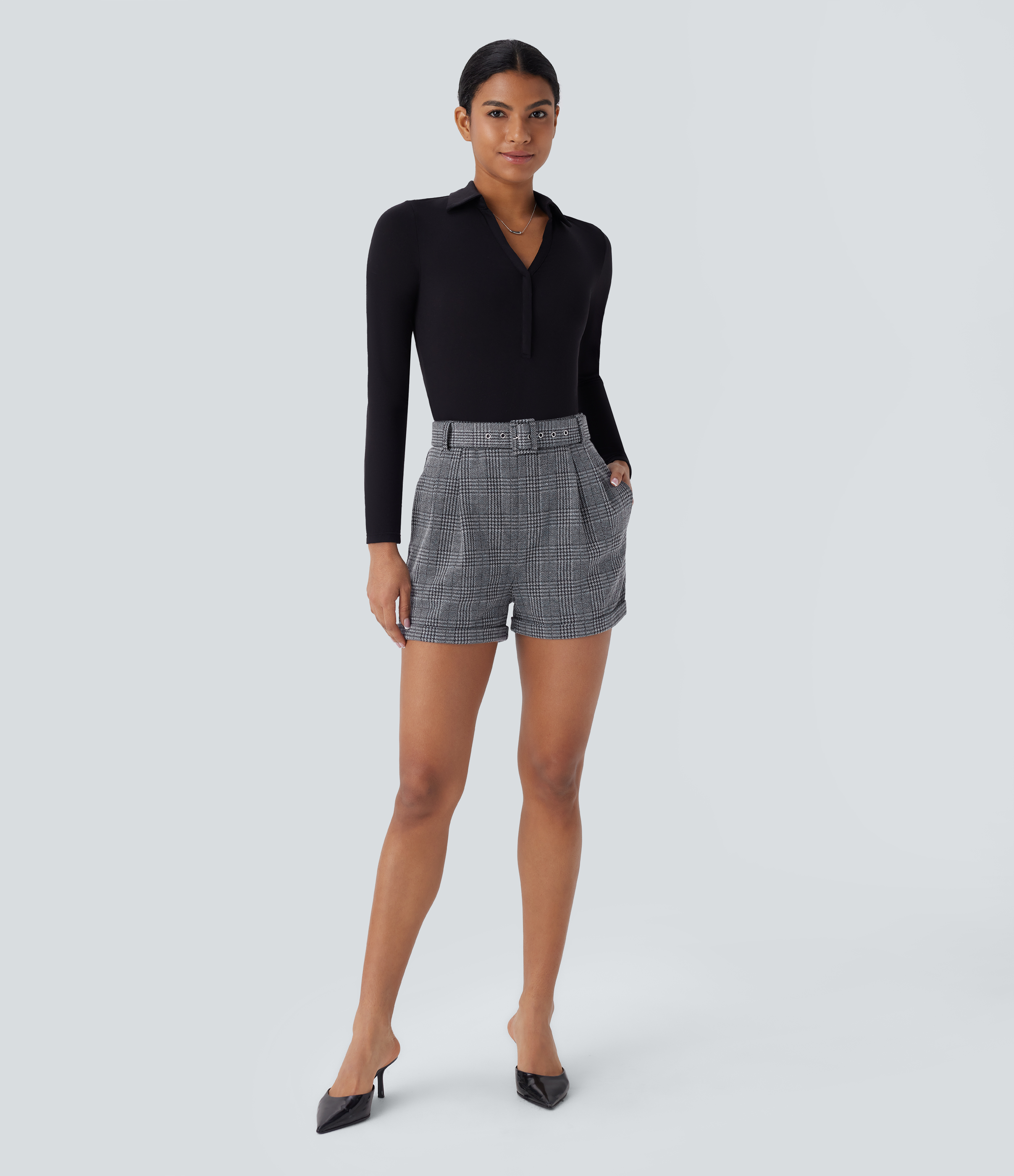 Halara High Waisted Belted Side Pocket Rolled Hem Houndstooth Plaid Work Shorts  - Dark Gray Plaid - S booty shorts compression shorts 