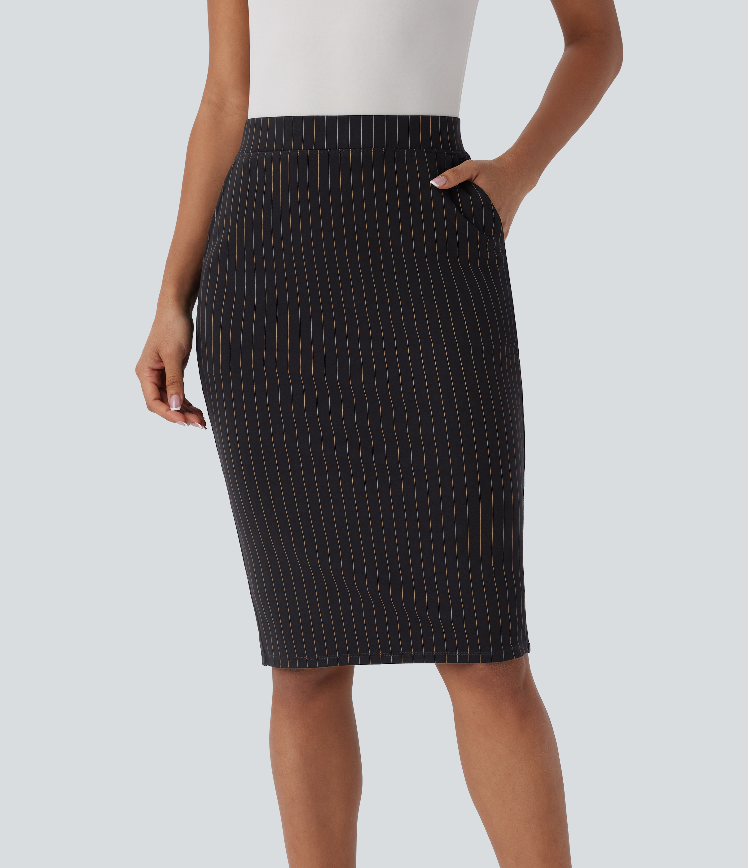 Halara High Waisted Side Pocket Split Hem Cool Touch Stripe Bodycon Work Skirt  - Black Brown Black Pinstripe - XL(regular) 