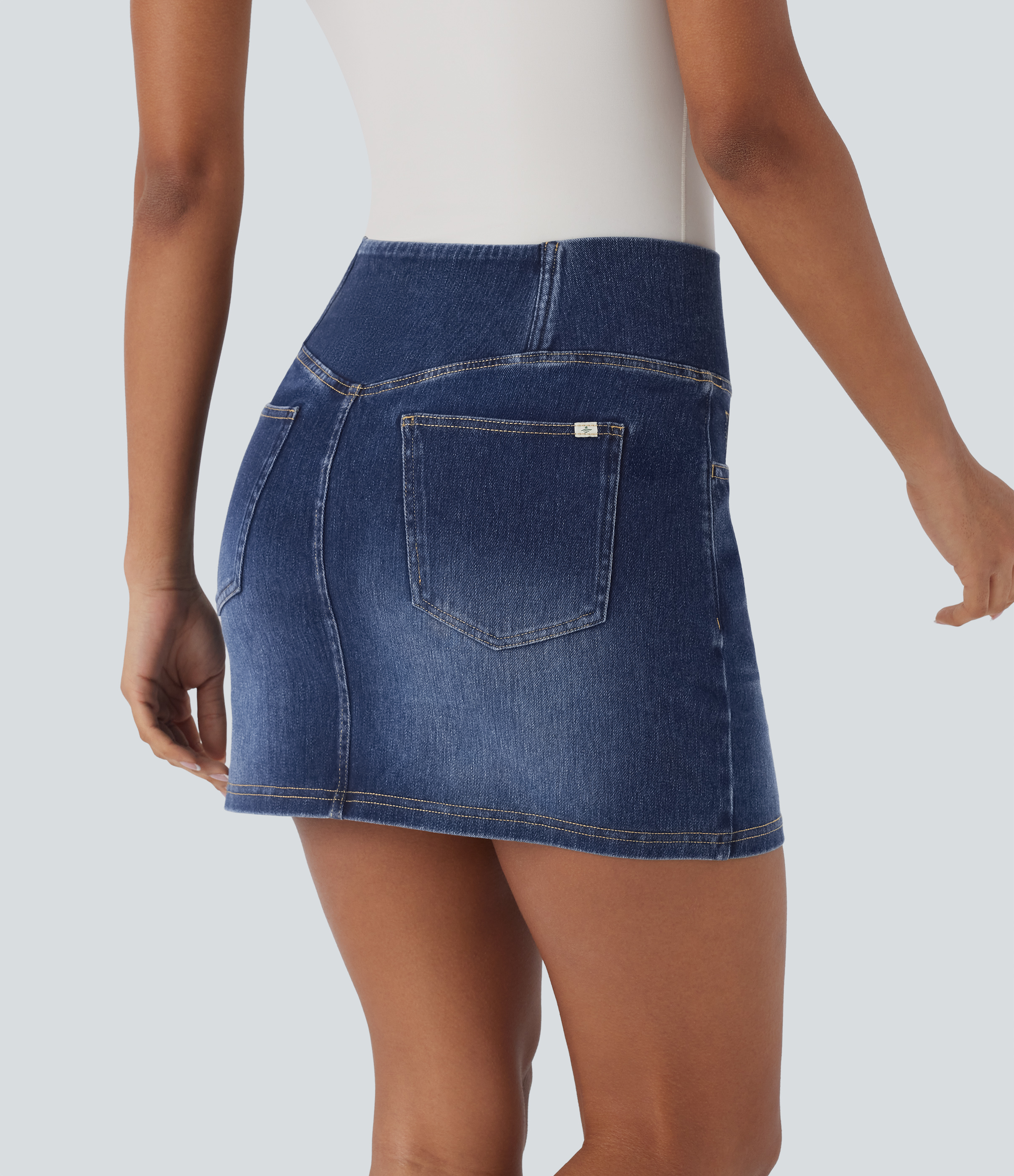 Bright Blue Denim Falda Halara Flex™ Denim mezclilla elástico lavado múltiple bolsillo tiro alto cruzada / 2