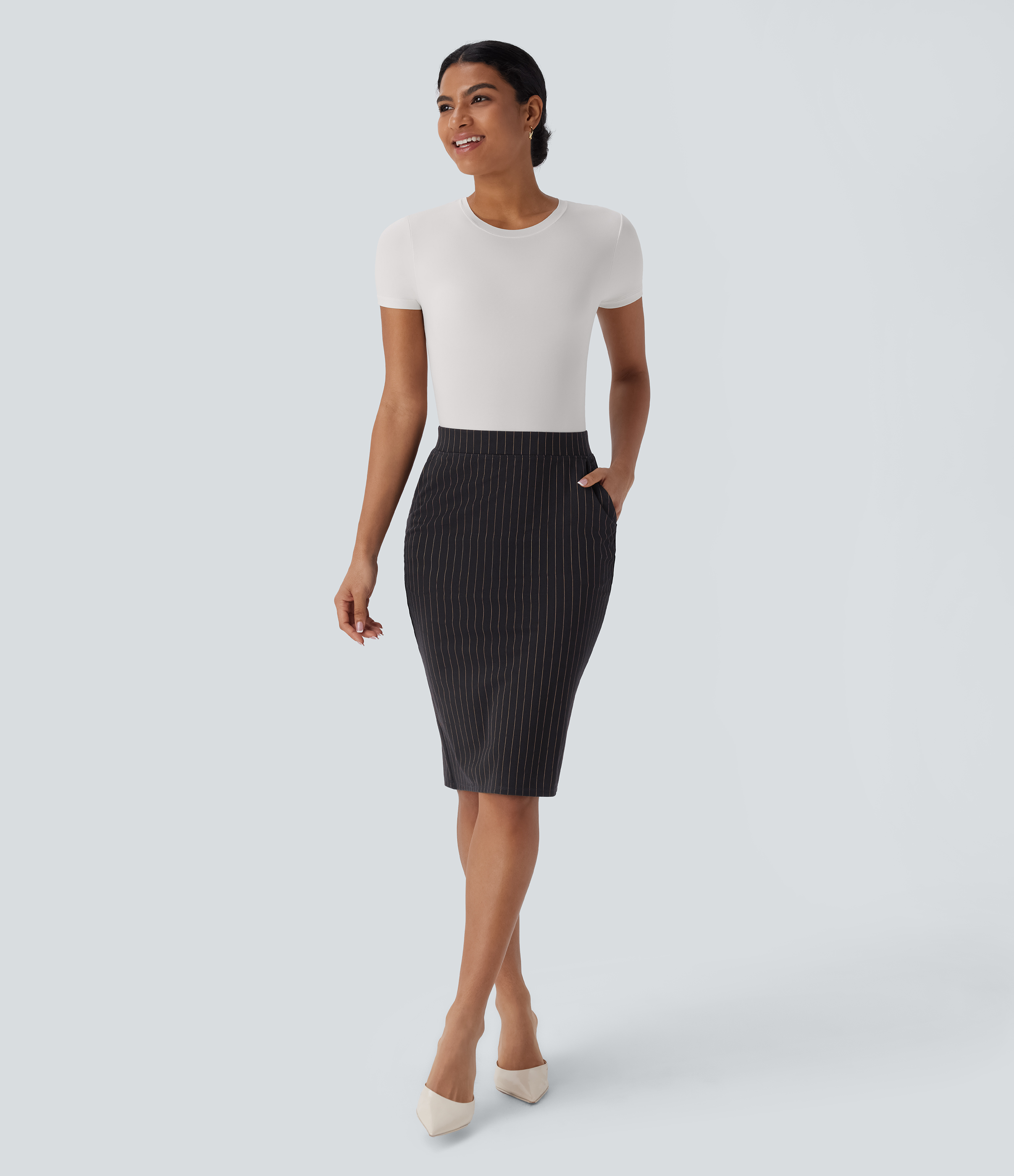 Halara High Waisted Side Pocket Split Hem Cool Touch Stripe Bodycon Work Skirt  - Black Brown Black Pinstripe - XL(regular) 