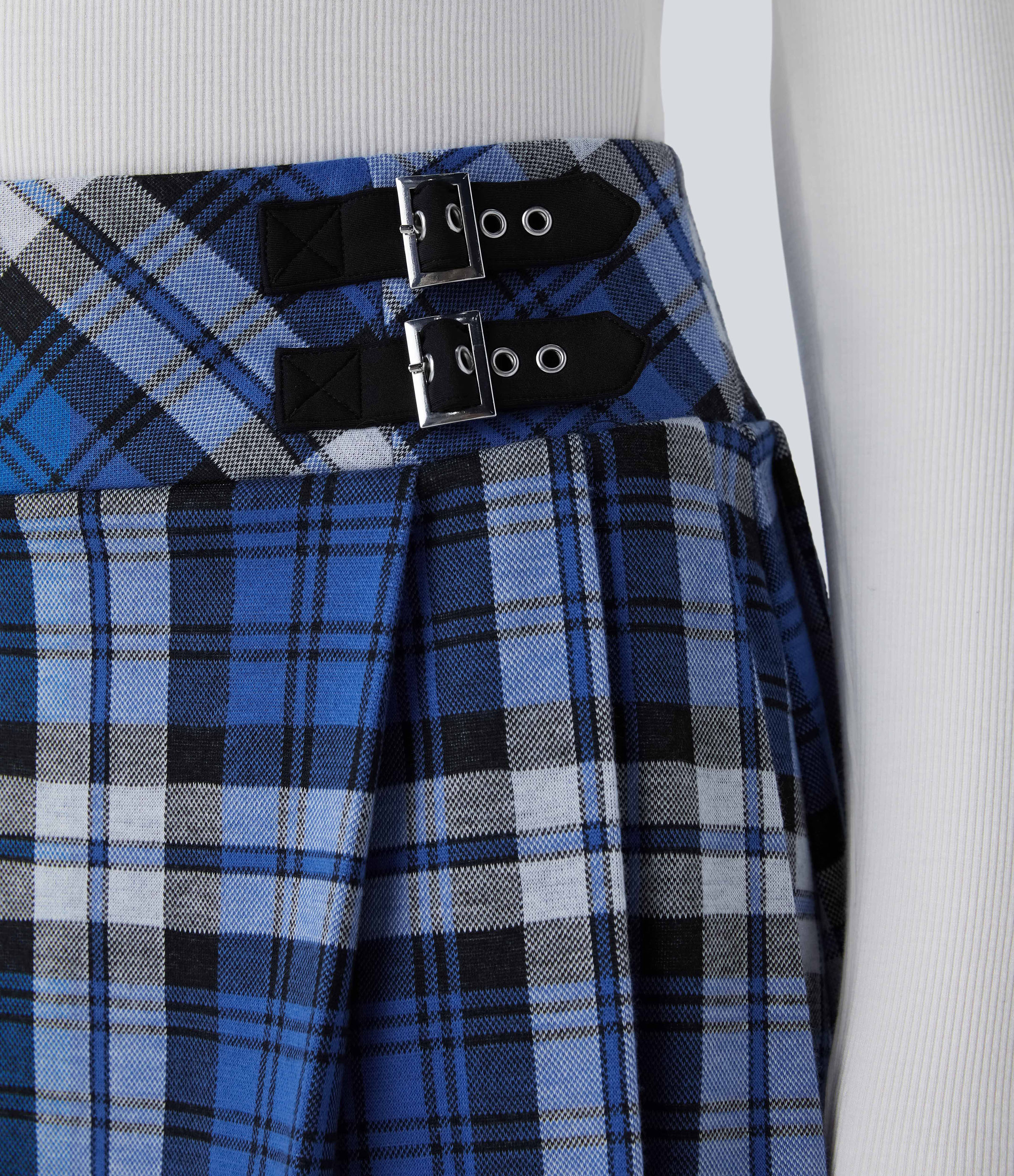 Halara High Waisted Decorative Buckle 2-in-1 Plaid Pleated Mini Casual Skirt  - Rock Blue Plaid - L(regular) 