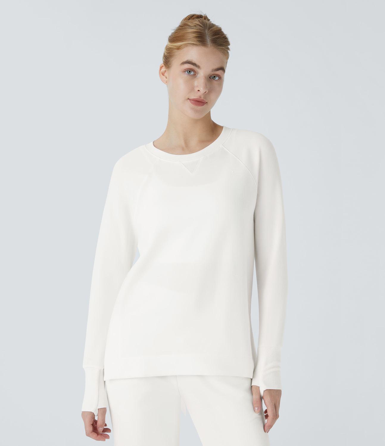 Halara Round Neck Thumb Hole Split High Low Fleece Lounge Sweatshirt  - Star White - XS 