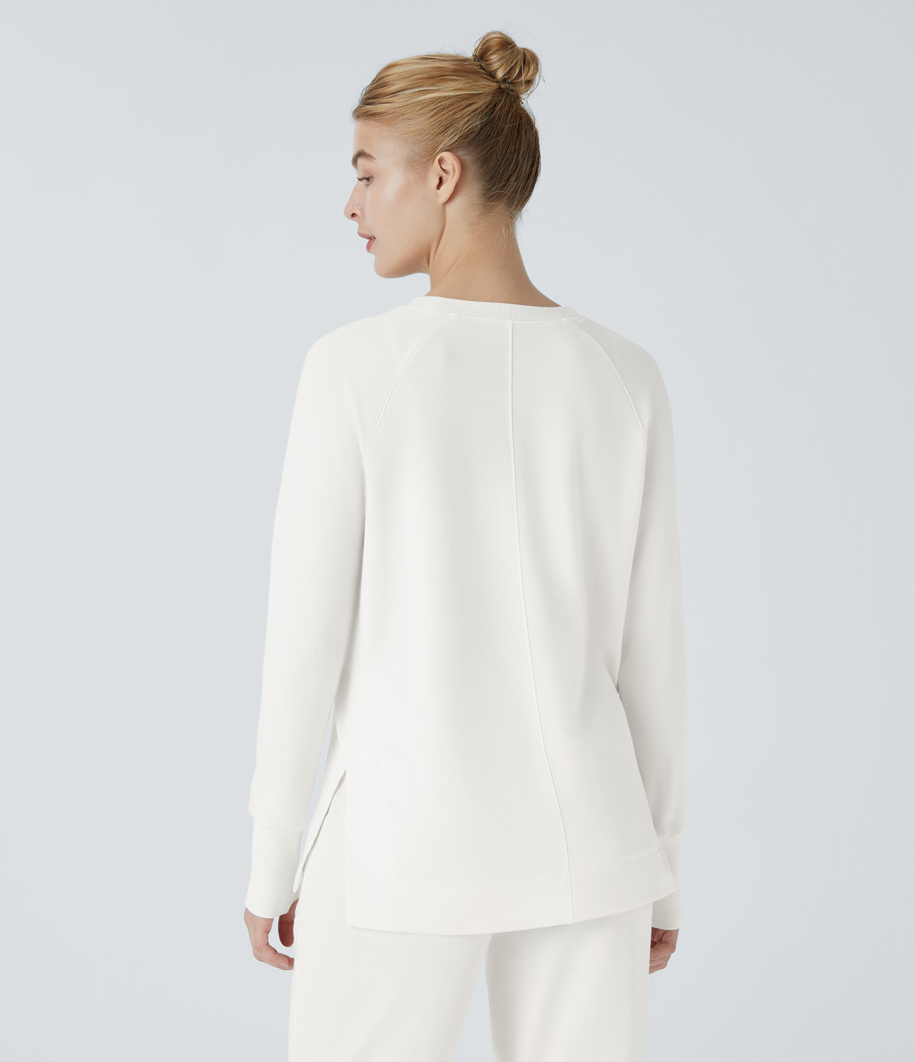 Halara Round Neck Thumb Hole Split High Low Fleece Lounge Sweatshirt  - Star White - XS 