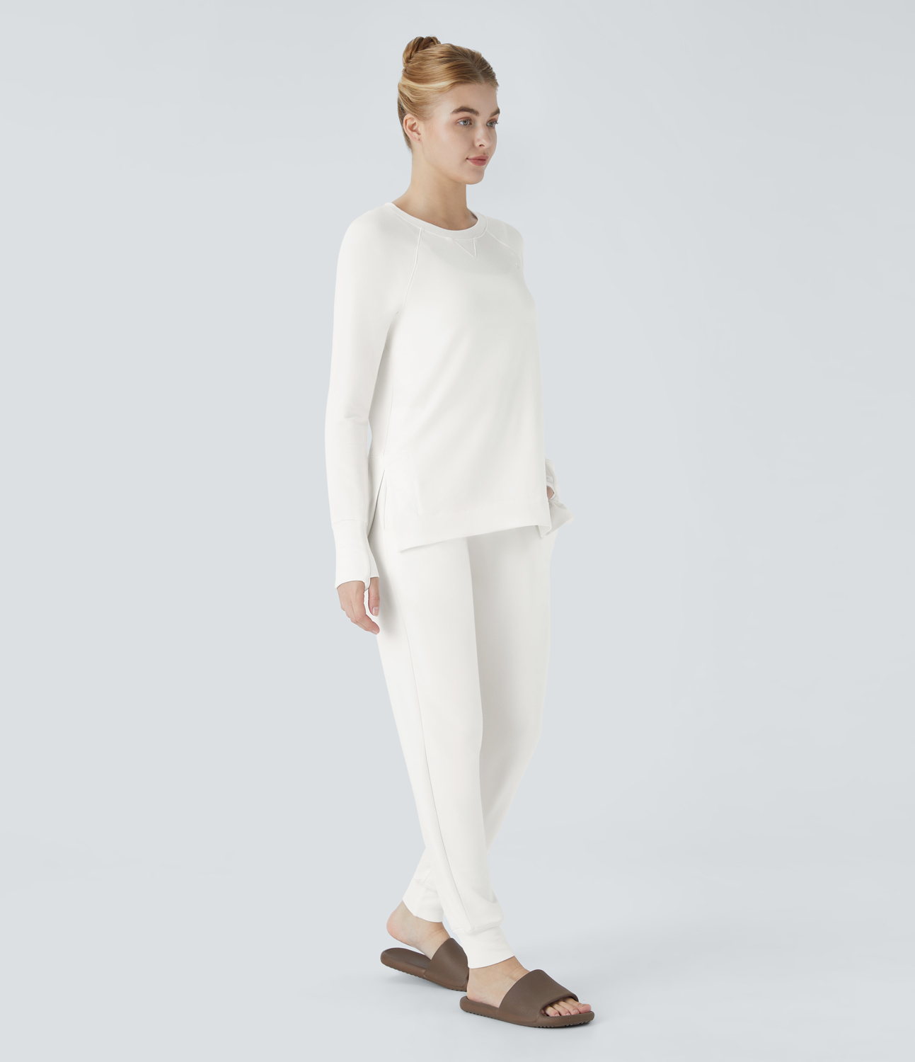 Halara Round Neck Thumb Hole Split High Low Fleece Lounge Sweatshirt  - Star White - XS 