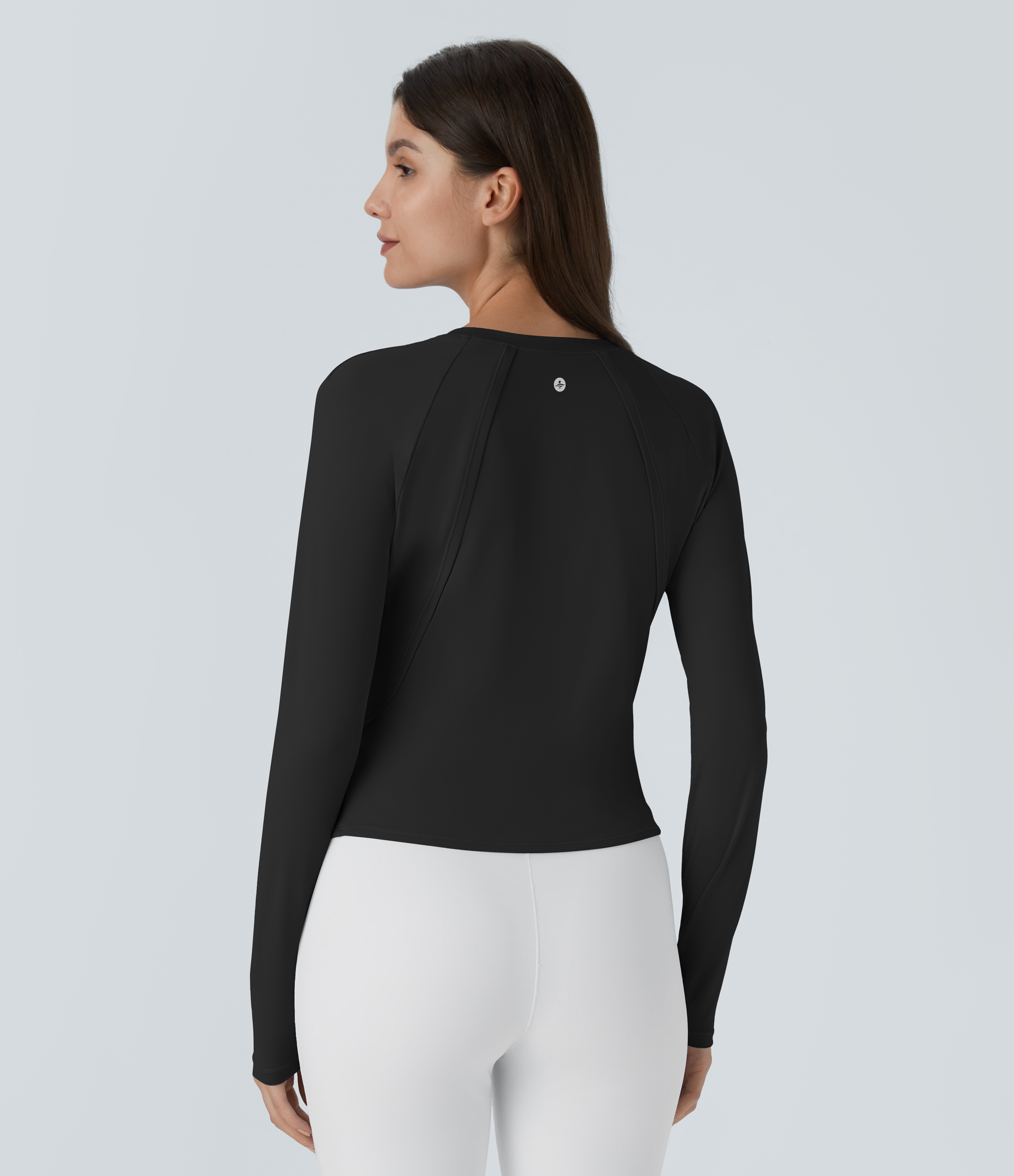 Halara Round Neck Long Sleeve Ruffle Hem Running Sports Top  - Black - S 
