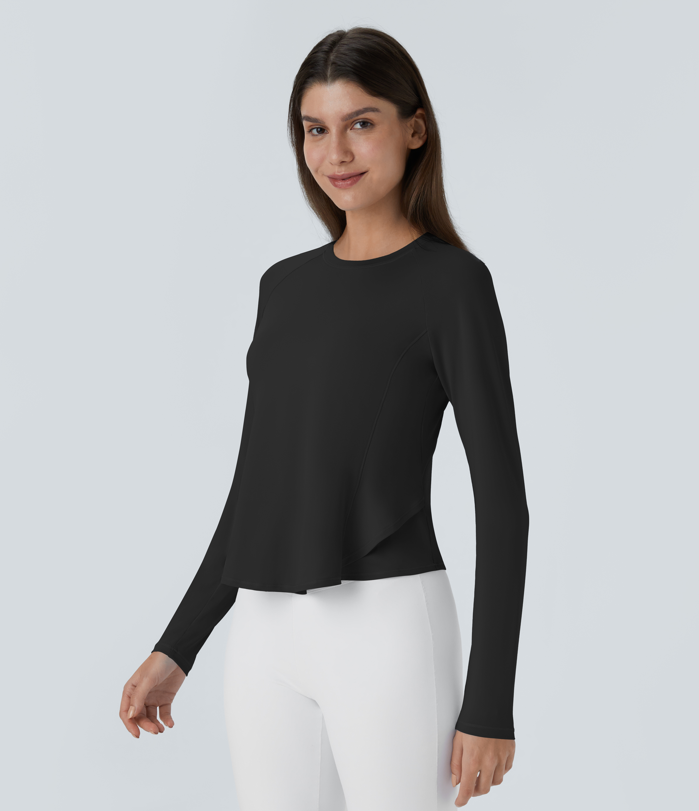 Halara Round Neck Long Sleeve Ruffle Hem Running Sports Top  - Black - S 