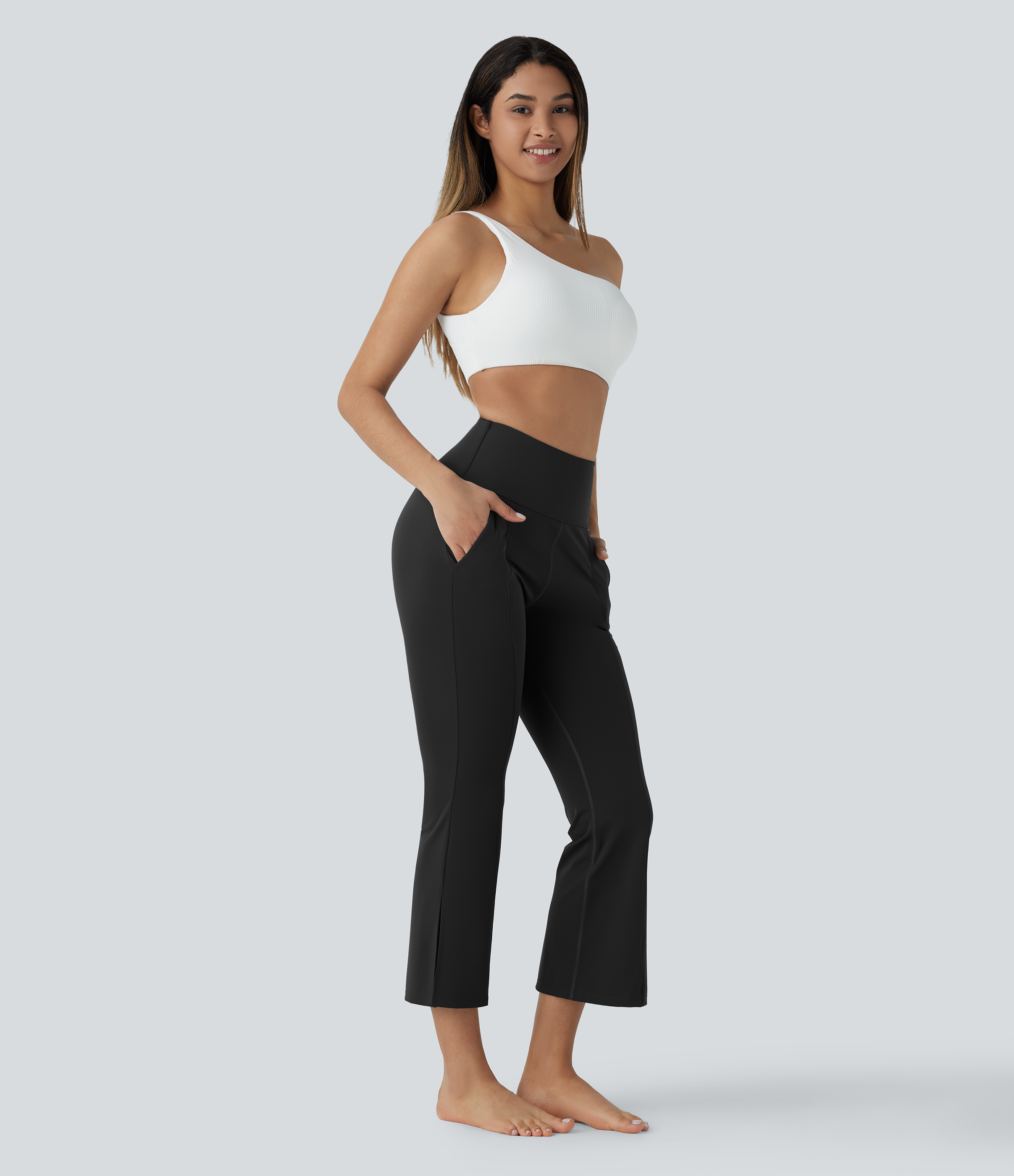 Halara High Waisted Side Pocket Split Capri Yoga Slight Flare Leggings  - Black - L(regular) gym leggings leggings with pockets 