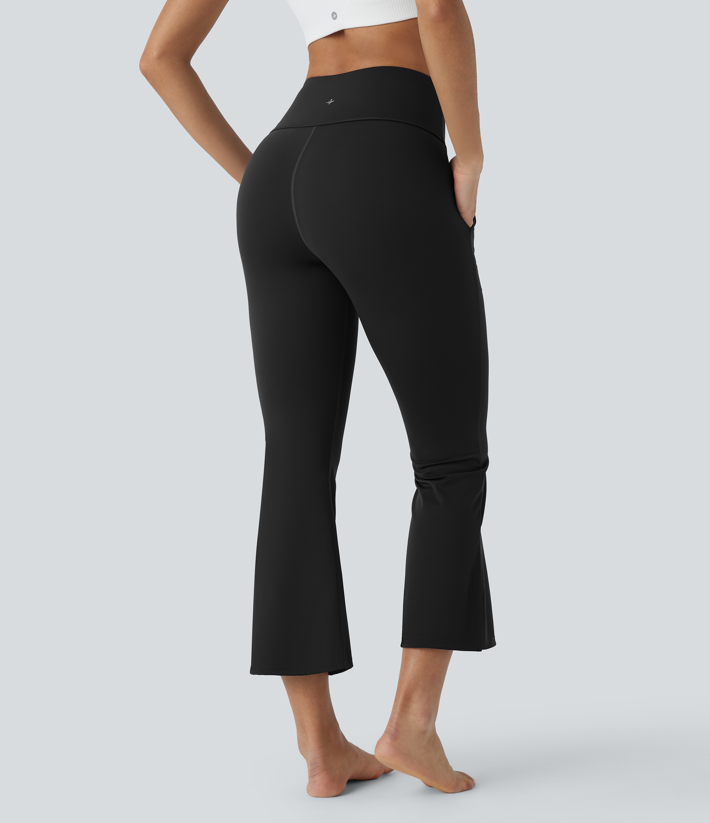 Halara High Waisted Side Pocket Split Capri Yoga Slight Flare Leggings  - Black - L(regular) gym leggings leggings with pockets 