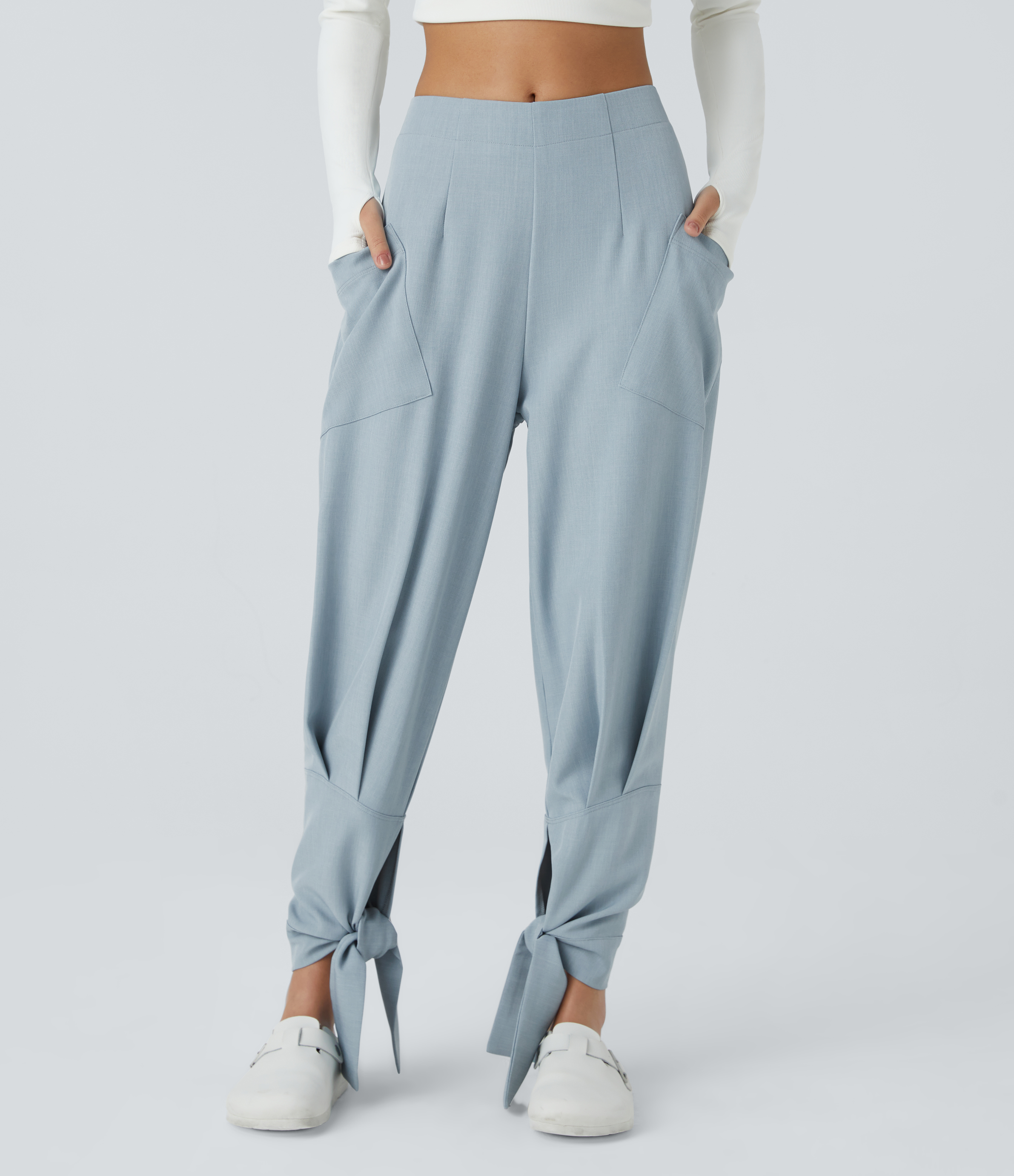 Halara Mid Rise Side Pocket Plicated Knot Casual Pants  - Celestial Blue - XL(regular) sweatpants jogger pants stacked sweatpants 