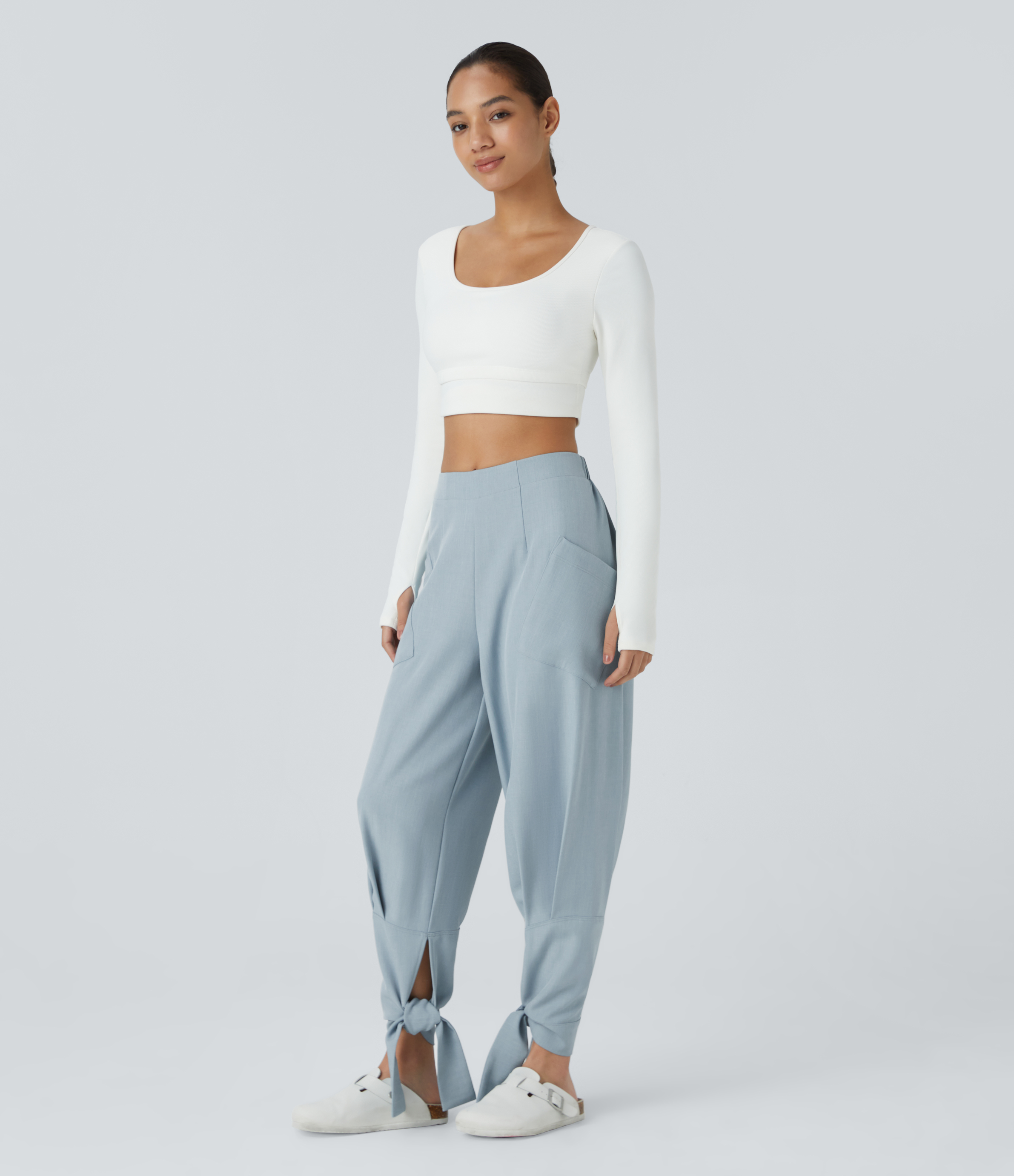 Halara Mid Rise Side Pocket Plicated Knot Casual Pants  - Celestial Blue - XL(regular) sweatpants jogger pants stacked sweatpants 