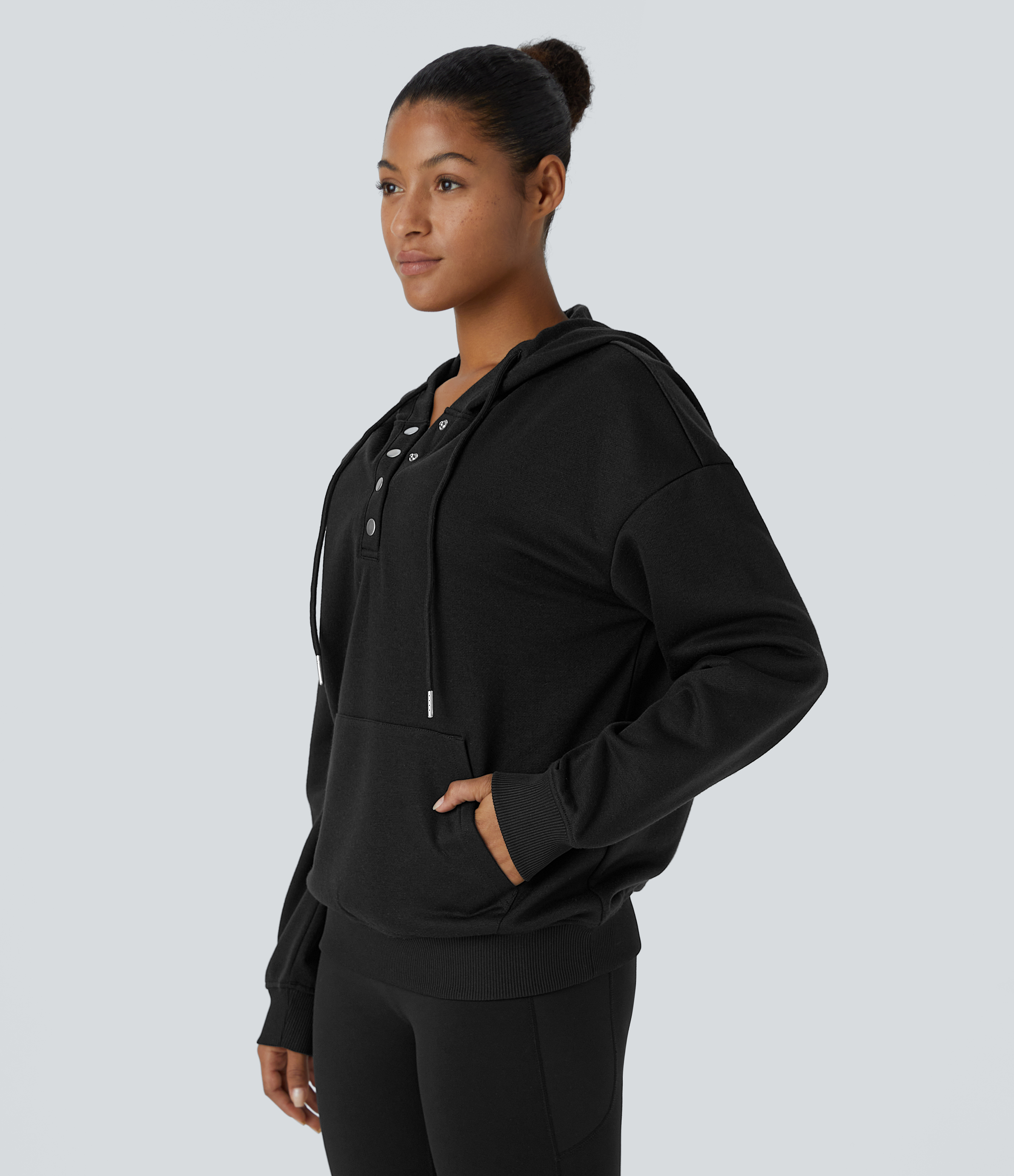 Halara Hooded Drawstring Snap Button Kangaroo Pocket Relaxed Fleece Casual Sweatshirt  - Black - M 